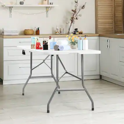 Front. Oumilen - 6ft White Bi-Fold Folding Table with Carry Handle - White.