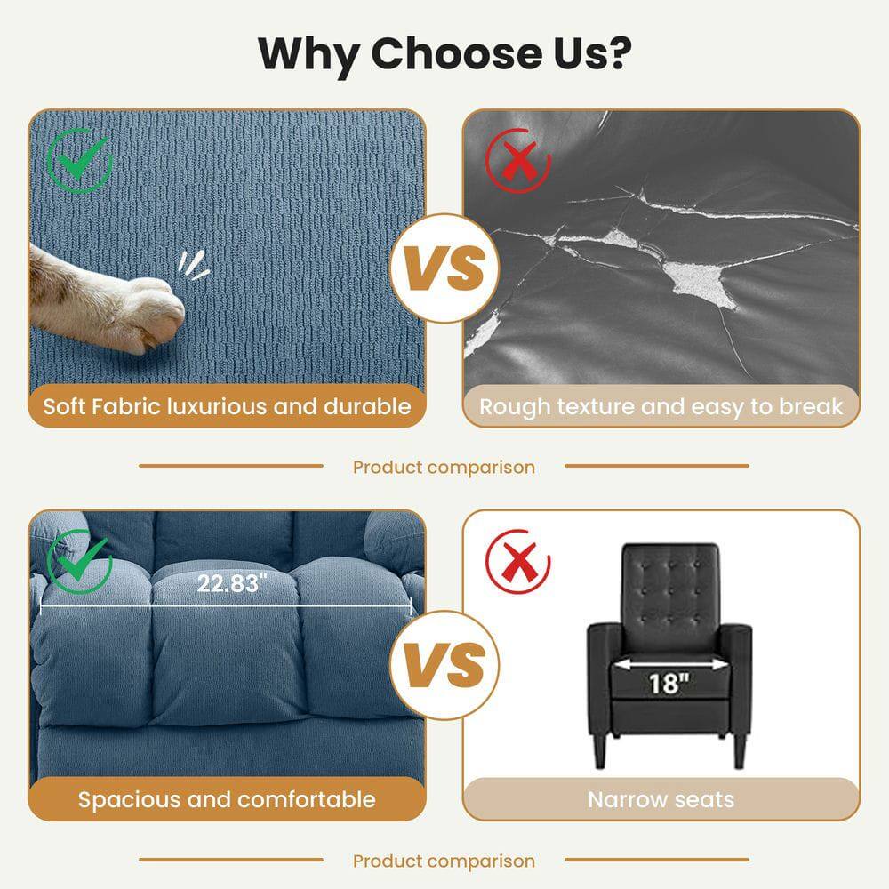 Why Choose Us?

- Soft Fabric luxurious and durable
- Rough texture and easy to break

Product comparison

- 22.83" Spacious and comfortable
- 18" Narrow seats

Product comparison
