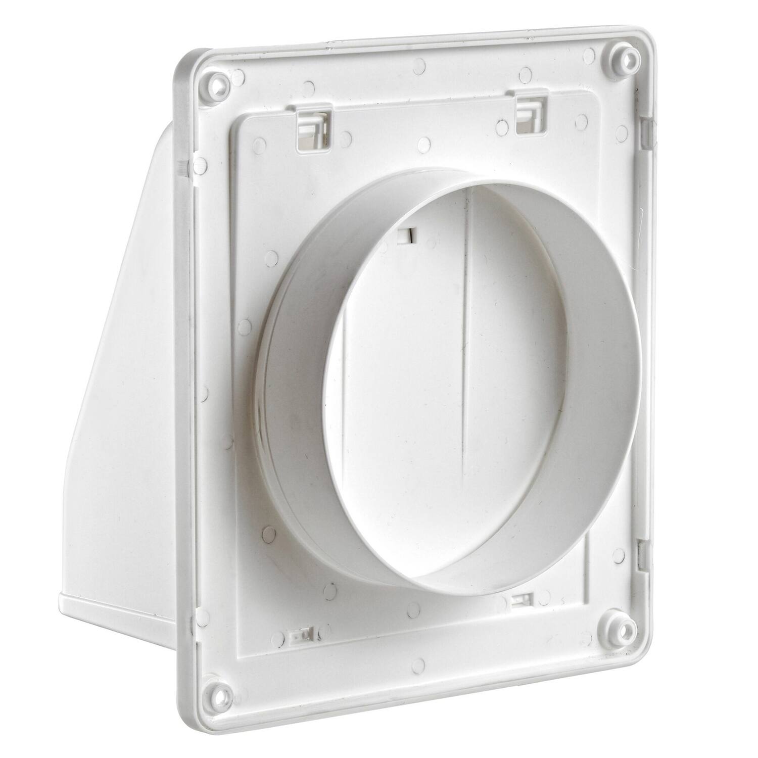 Left. Lambro - 6" Plastic Wall Exhaust or Air Intake Vent with Hinged Screen, Removable Damper, 1.25" Collar, Model 3510.