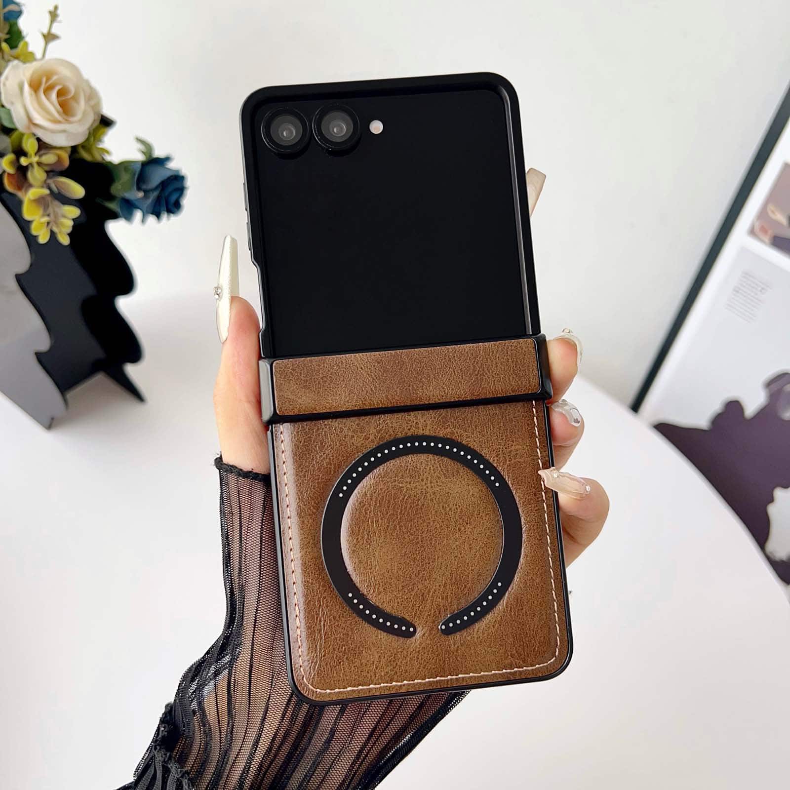Dteck - Shockproof Magnetic Phone Case for Samsung Galaxy Z Flip7, Rigid Plastic Faux Leather Hinge Cover, Raised Lip Protection - Brown price history on PriceWatchPro
