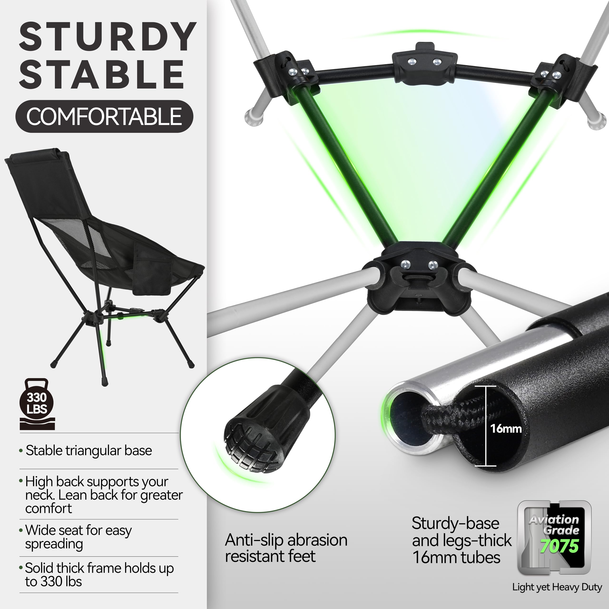 STURDY STABLE COMFORTABLE

- Stable triangular base
- High back supports your neck. Lean back for greater comfort
- Wide seat for easy spreading
- Solid thick frame holds up to 330 lbs
- Anti-slip abrasion resistant feet
- Sturdy-base and legs-thick 16mm tubes
- Aviation Grade 7075
- Light yet Heavy Duty

330 LBS