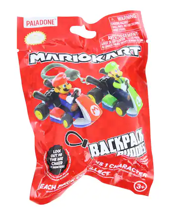 **PALADONE**
**MARIOKART BACKPACK BUDDIES**
**WARNING: CHOKING HAZARD - SMALL PARTS. NOT FOR CHILDREN UNDER 3 YEARS.**
**AVERTISSEMENT: RISQUE DE SUFFOCATION - PETITES PIÈCES. NE CONVIENT PAS AUX ENFANTS DE MOINS DE 3 ANS.**
**LOOK OUT FOR THE RARE CHASER CHARACTER!**
**CHACUN 1 PERSONNAGE À COLLECTER**
**EACH PACK CONTIENT 3+**
**3+**