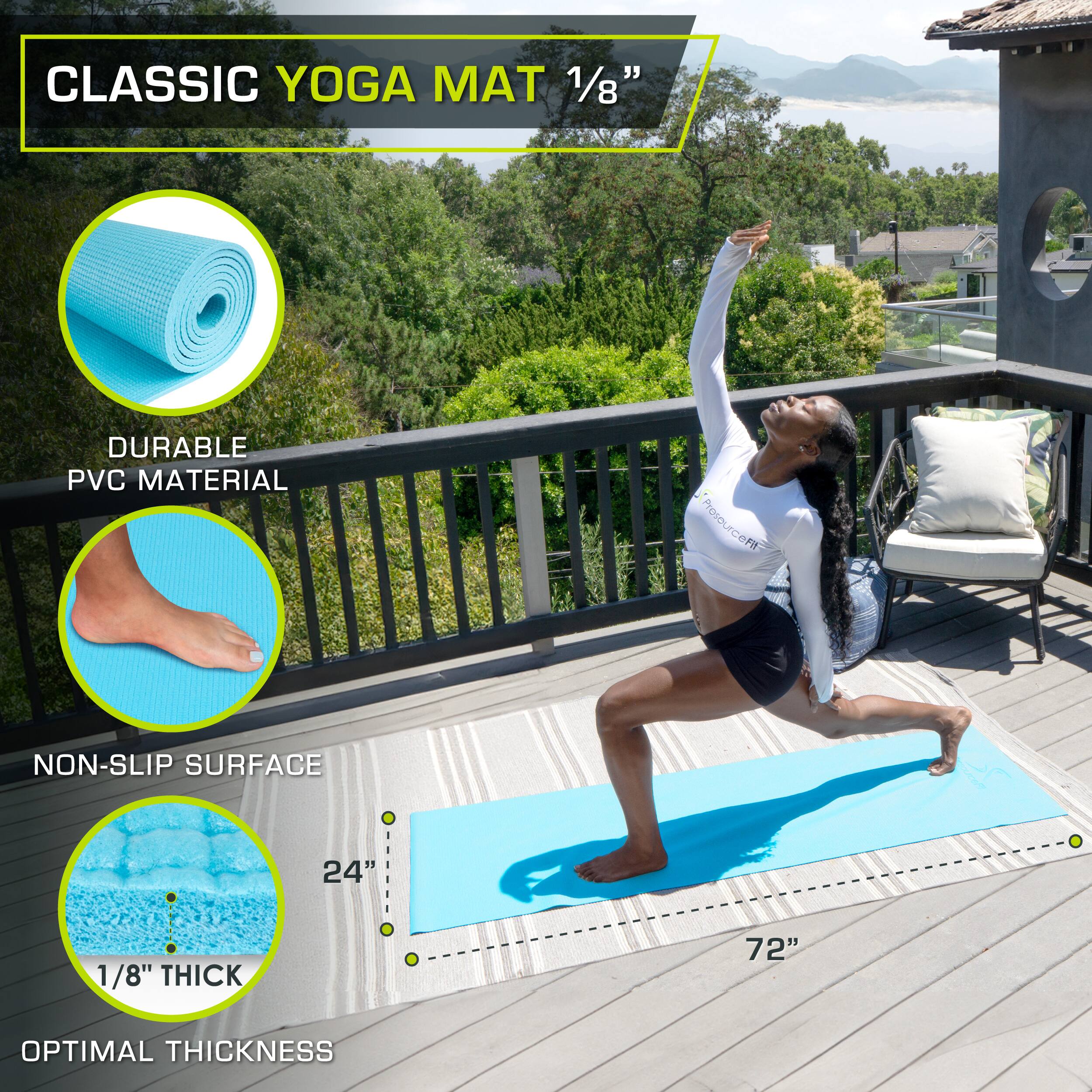 CLASSIC YOGA MAT 1/8" DURABLE PVC MATERIAL NON-SLIP SURFACE 1/8" THICK 24" OPTIMAL THICKNESS 72"
