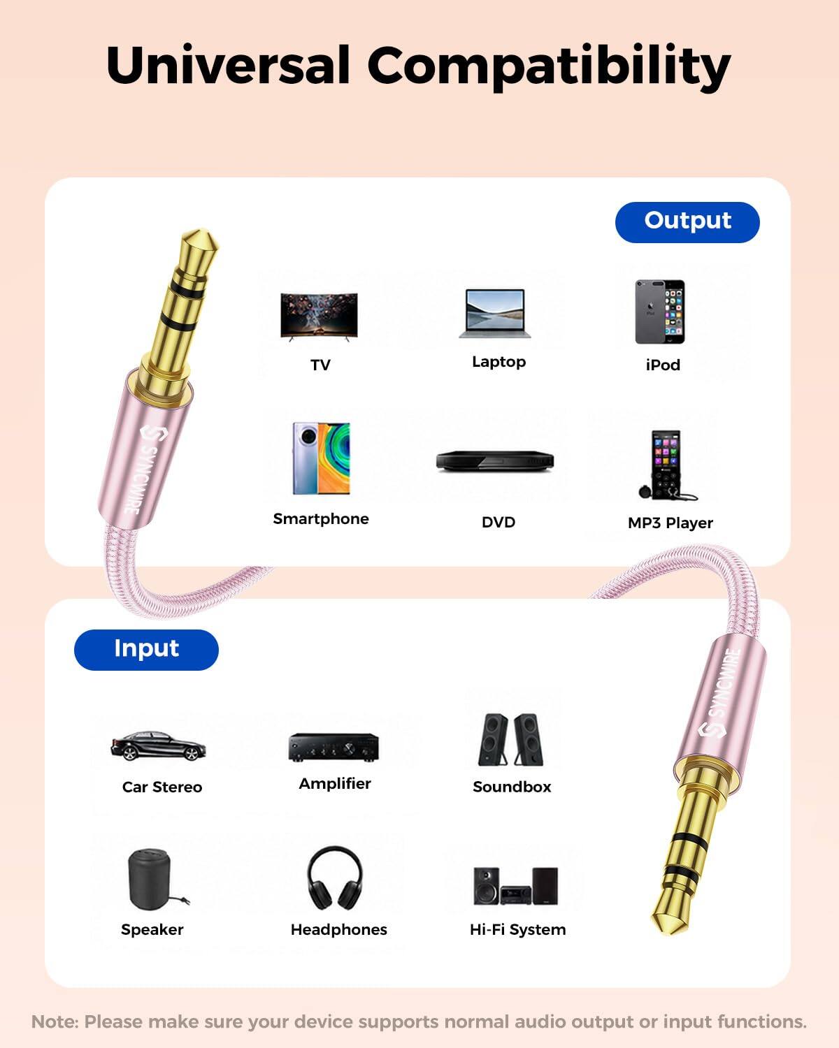 Universal Compatibility

Output
TV
Laptop
iPod
SYNCWIRE
Smartphone
DVD
MP3 Player

Input
Car Stereo
Amplifier
Soundbox
SYNCWIRE
Speaker
Headphones
Hi-Fi System

Note: Please make sure your device supports normal audio output or input functions.