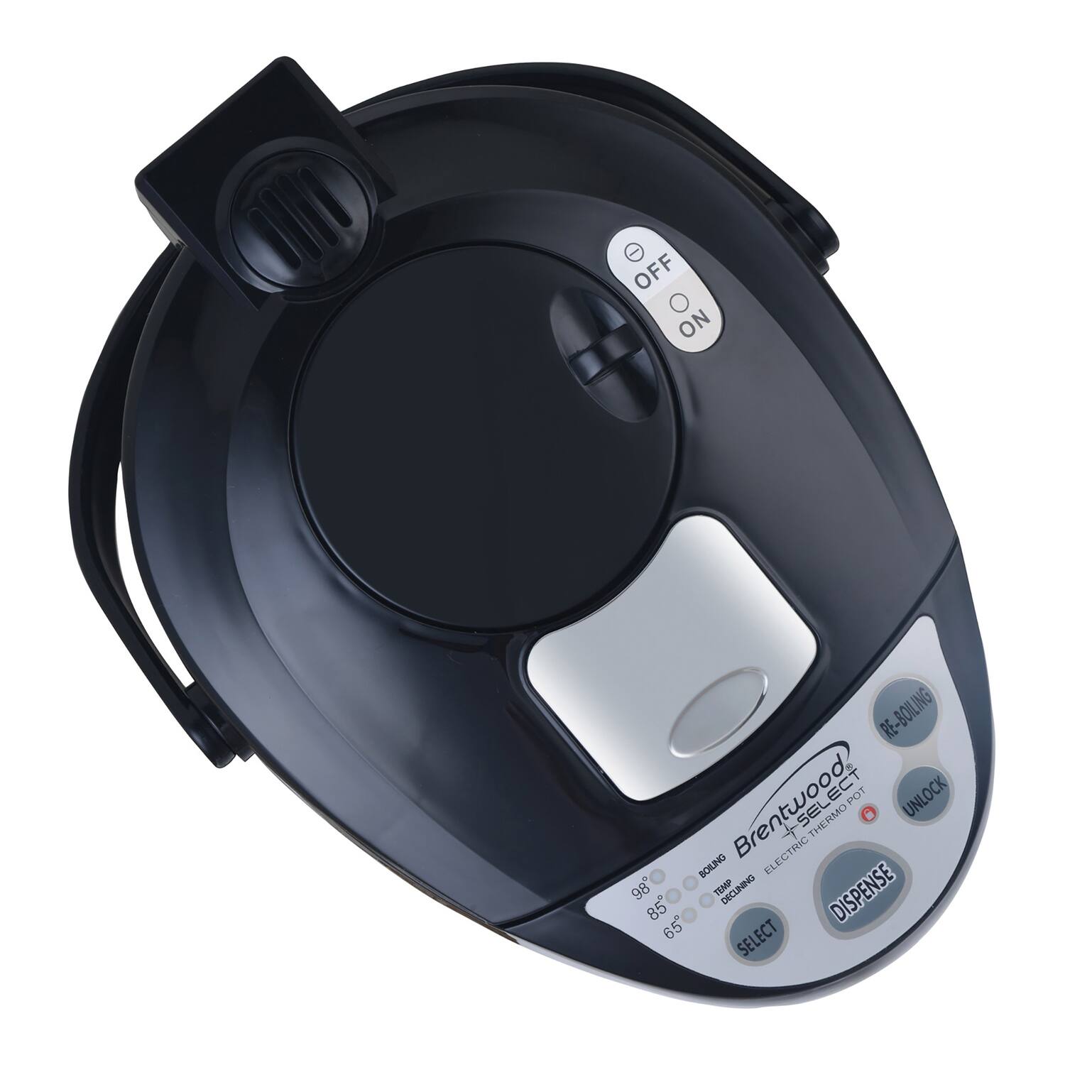 - OFF ON
- RE-BOILING
- UNLOCK
- SELECT
- DISPENSE
- 98°
- 85°
- 65°
- BRENTWOOD ELECTRIC THERMO POT