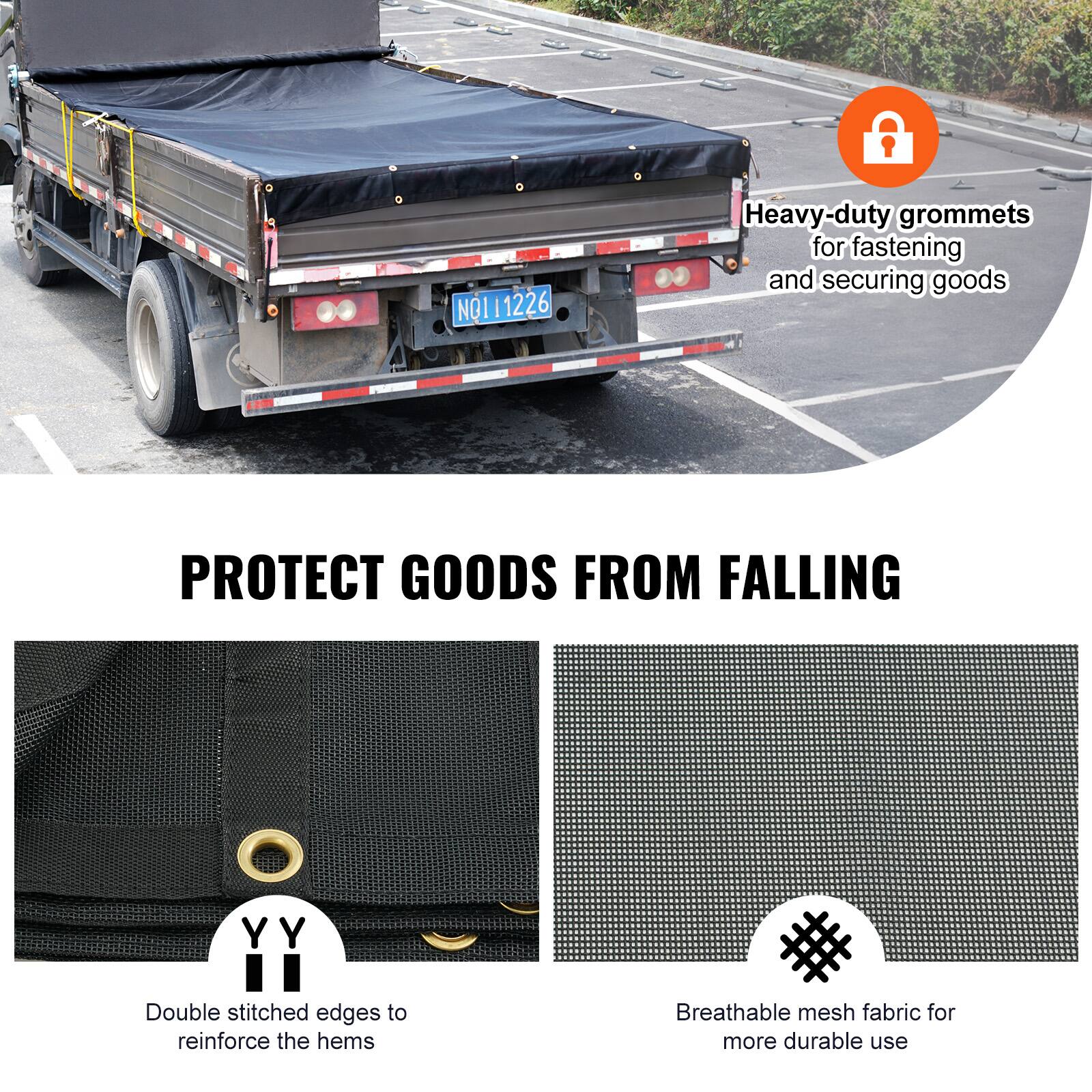 - Heavy-duty grommets for fastening and securing goods
- Protect goods from falling
- Double stitched edges to reinforce the hems
- Breathable mesh fabric for more durable use