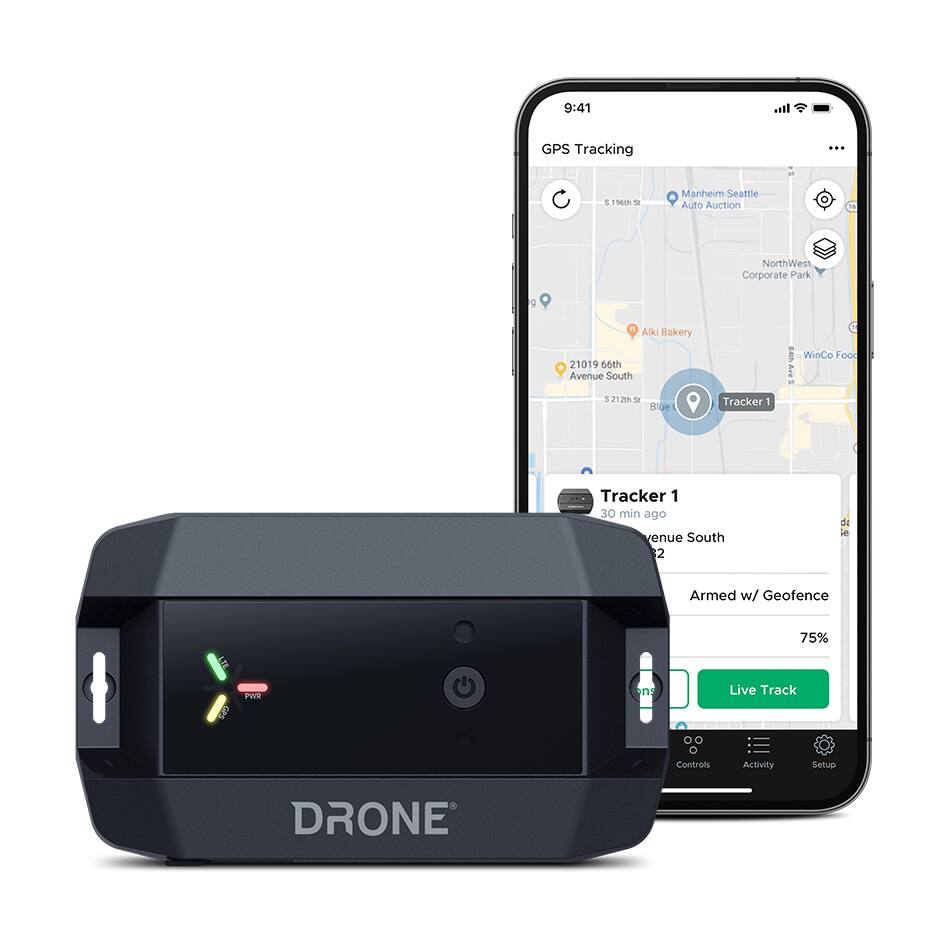 9:41 GPS Tracking  
- 1 196th St, Manheim Seattle Auto Auction  
- North/West Corporate Park  
- Alki Bakery  
- 21019 60th Avenue South  
- WinCo Food  
- Tracker 1  
- 30 min ago  
- Armed w/ Geofence  
- 75% PWR  
- Live Track Controls  
- Activity Setup  
- DRONE