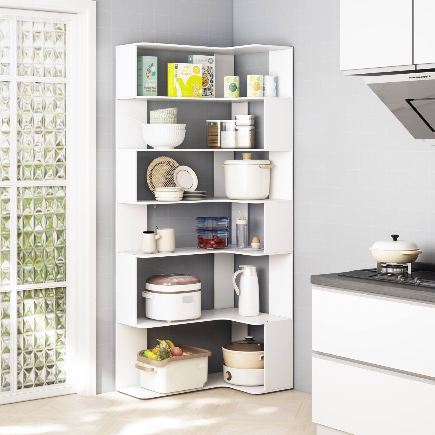 Alt View 1. Famapy - Corner Bookshelf with L-Shaped Display Shelf Multi-Tier Storage – Space-Saving Home Organizer for Living Room - White.