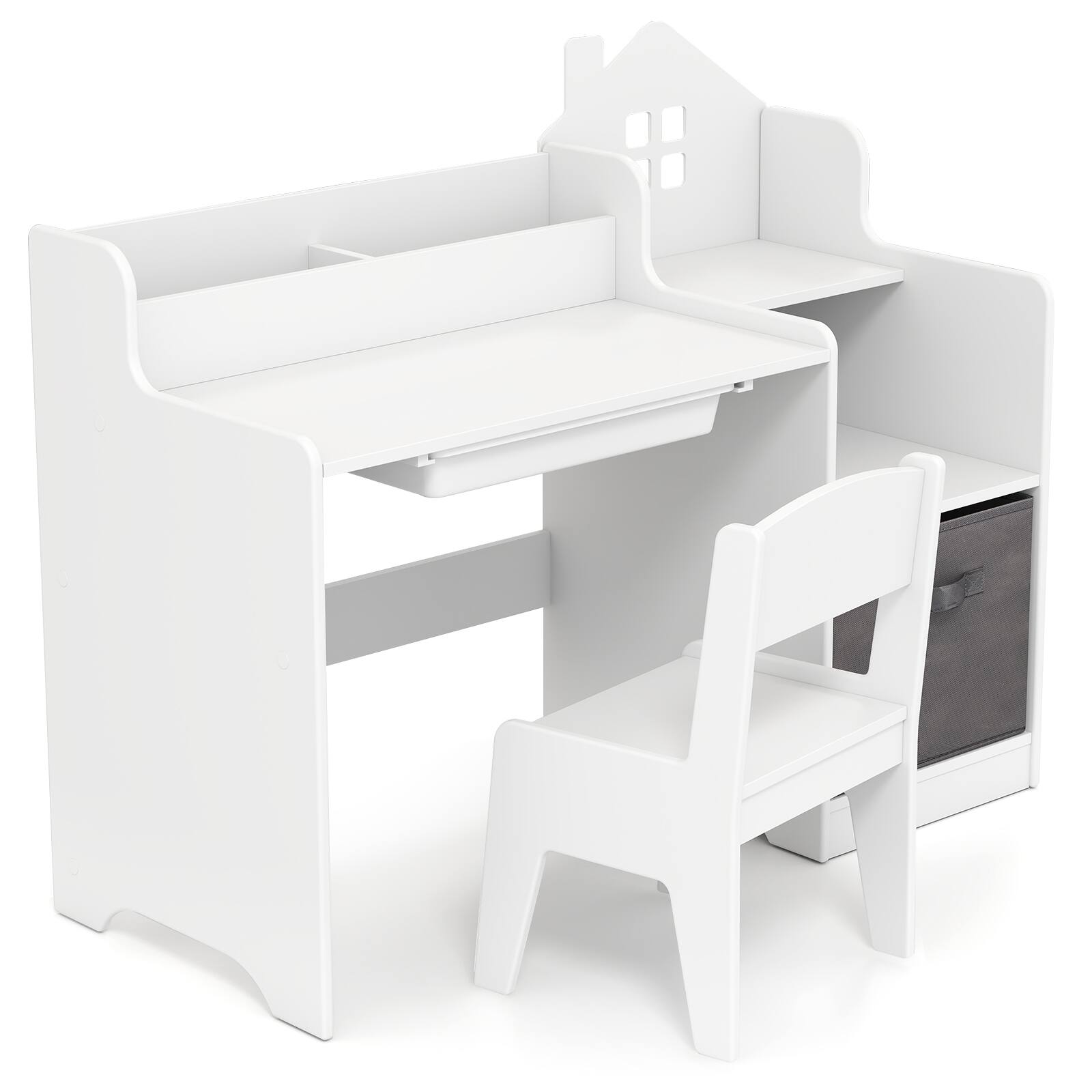 Alt View 9. Gymax - Gymax Kids Study Desk & Chair Set w/ Open Shelves Drawer & Fabric Storage Bin White & Natural - White.