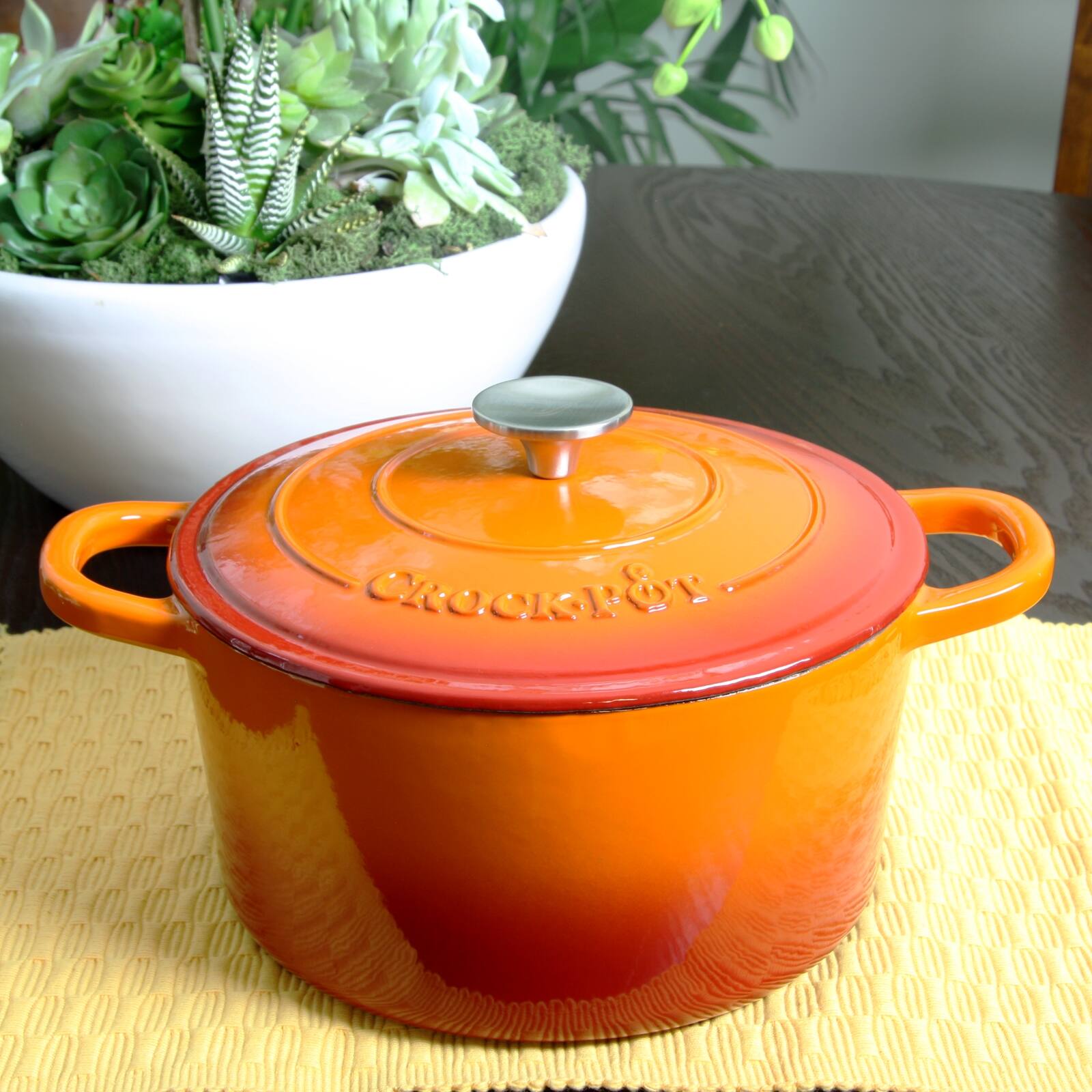 Alt View 2. Crockpot - Crock Pot Artisan 5 Quart Round Enameled Cast Iron Dutch Oven in Sunset Orange - Orange.