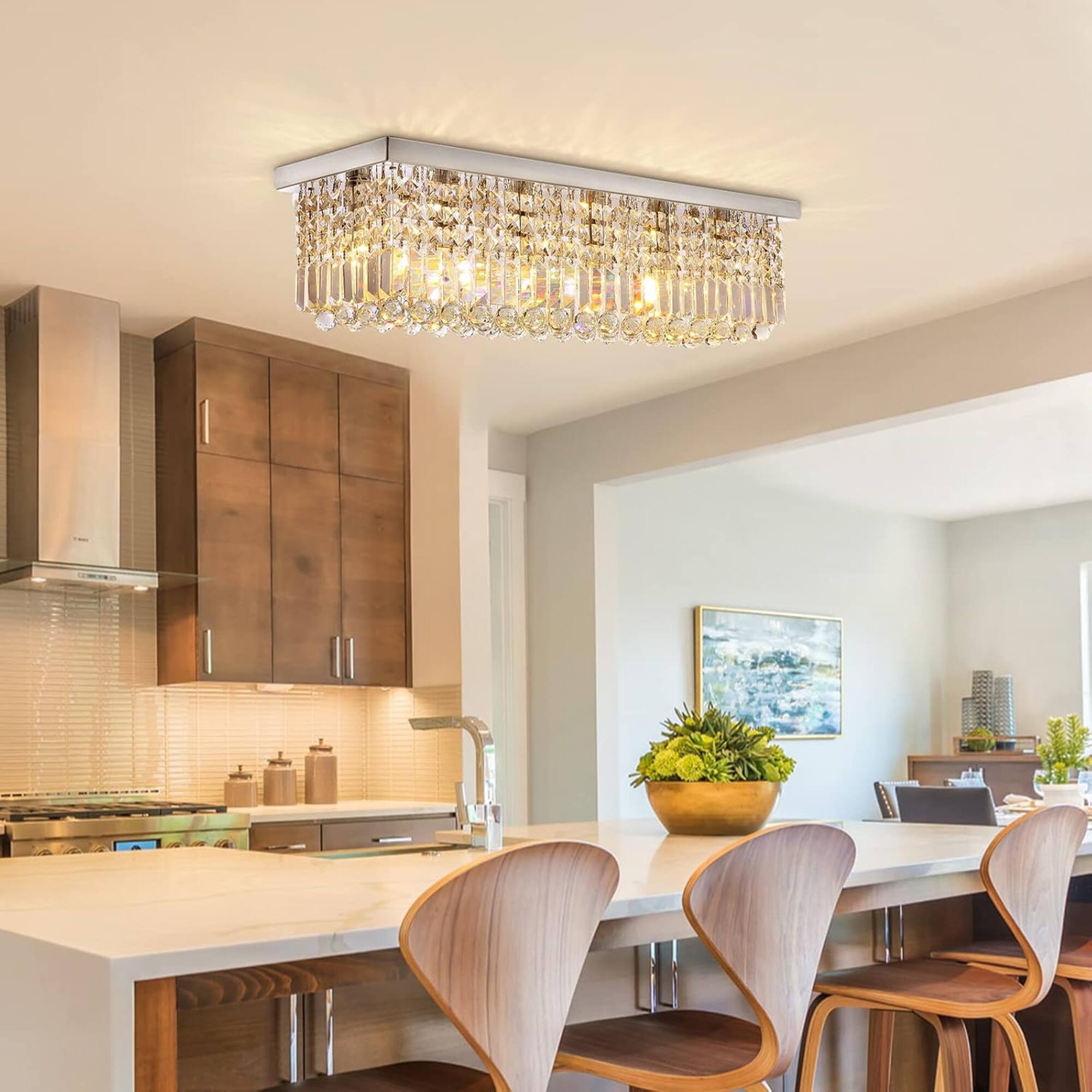 Left. Siljoy - 31.5" 6-Light Chrome Linear Crystal Chandelier, Dimmable K9 Flush Mount Light for Dining Kitchen - Chrome.