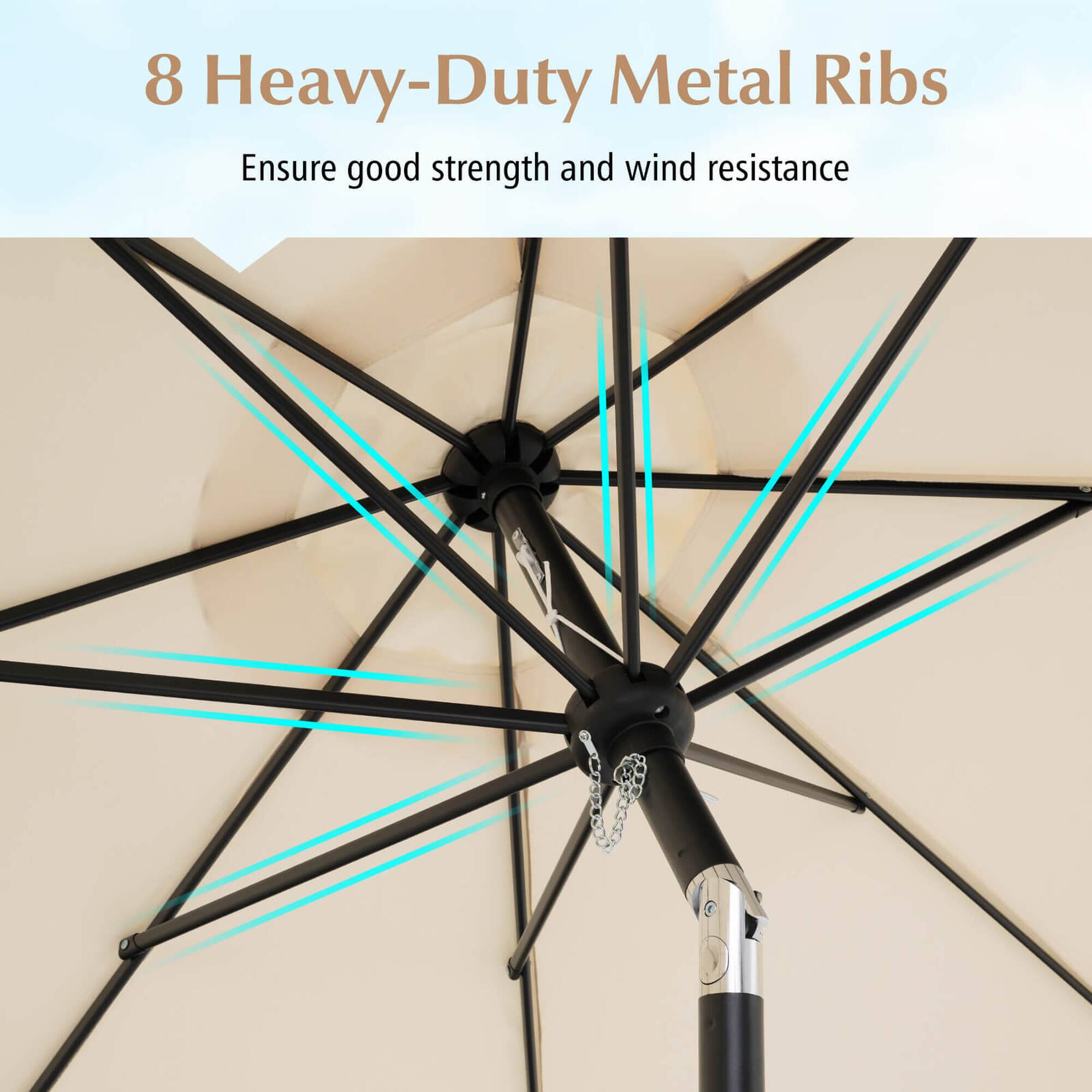 8 Heavy-Duty Metal Ribs  
Ensure good strength and wind resistance