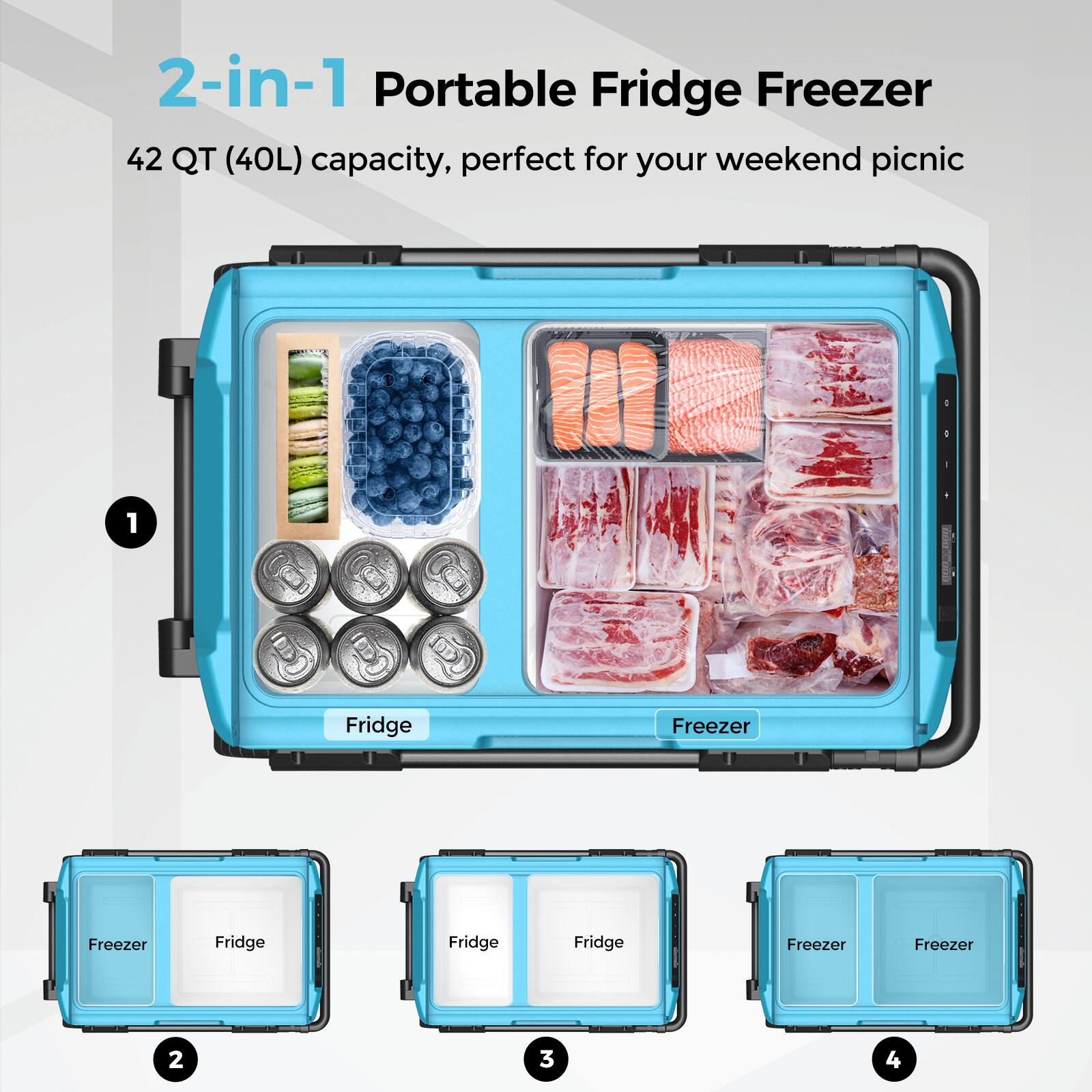 2-in-1 Portable Fridge Freezer: 42 QT (40L) capacity, perfect for your weekend picnic.