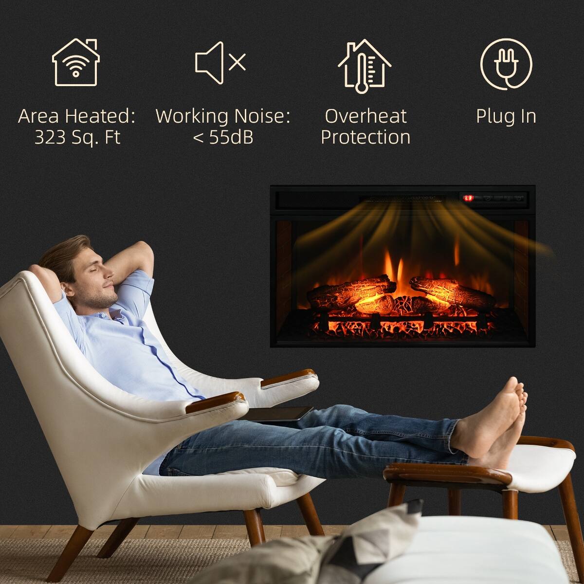 Area Heated: 323 Sq. Ft  
Working Noise: < 55dB  
Overheat Protection  
Plug In