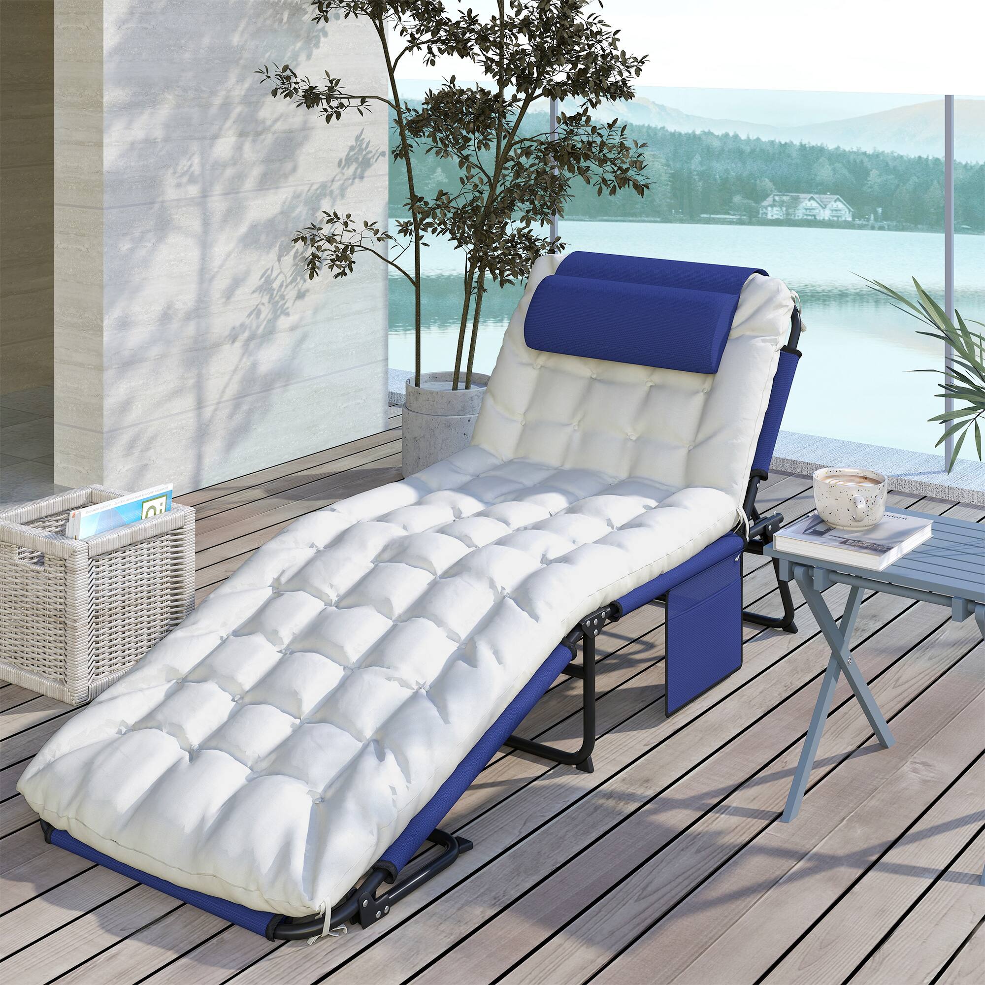 Alt View 8. Outsunny - Folding Chaise Lounge with 4-level Reclining Back, Outdoor Tanning Chair with Cushion, Outdoor Lounge Chair - Blue.