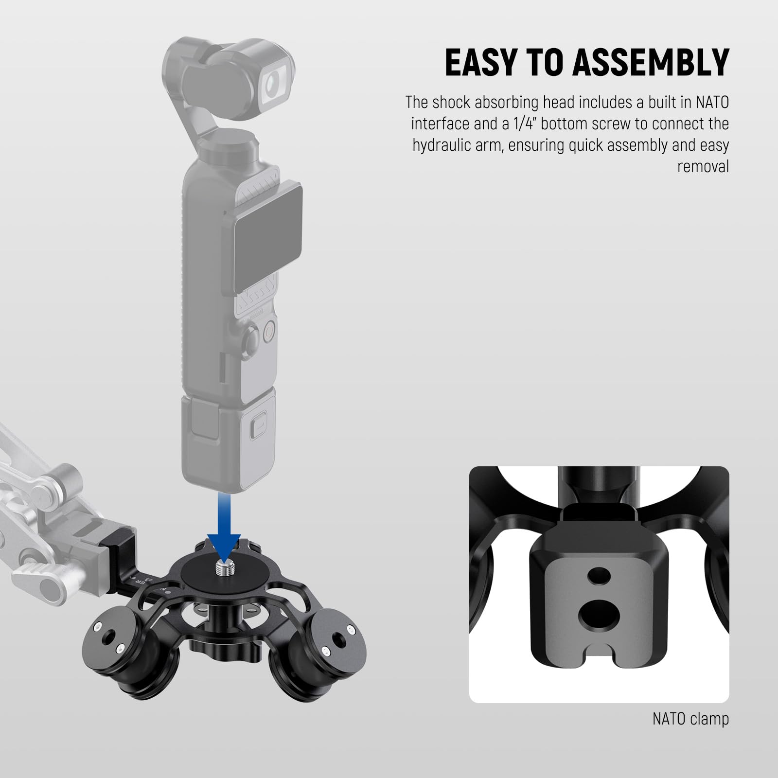 EASY TO ASSEMBLY

The shock absorbing head includes a built in NATO interface and a 1/4" bottom screw to connect the hydraulic arm, ensuring quick assembly and easy removal.

NATO clamp