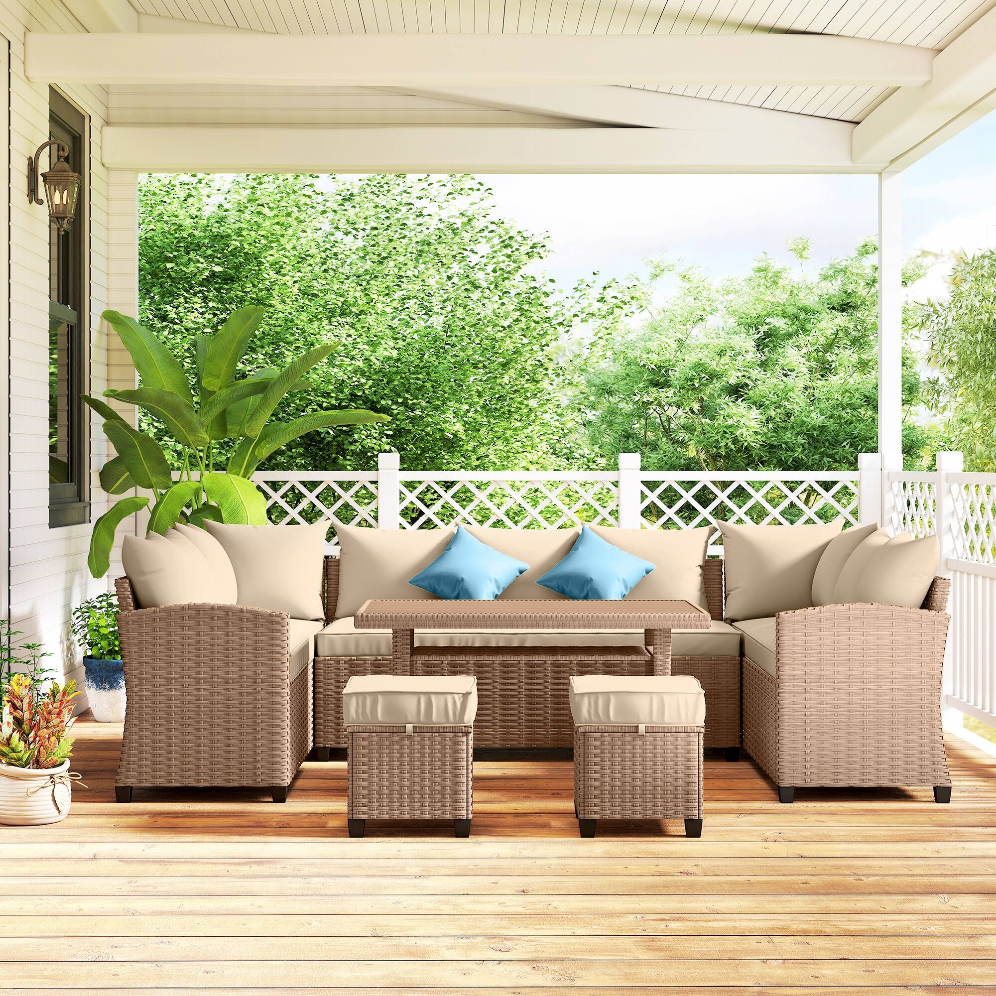 Alt View 8. Outsunny - 6 Piece Patio Furniture Set, PE Wicker Outdoor Furniture Conversation Set with 3 Sofas - Khaki.