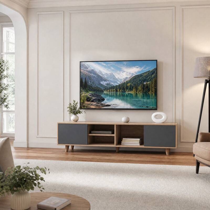 Angle. WELLFOR - Modern TV Stand for TVs up to 65'' with 2 Doors& Open Shelf, Mid Century Entertainment Center Media Console Table - Natural + Gray.