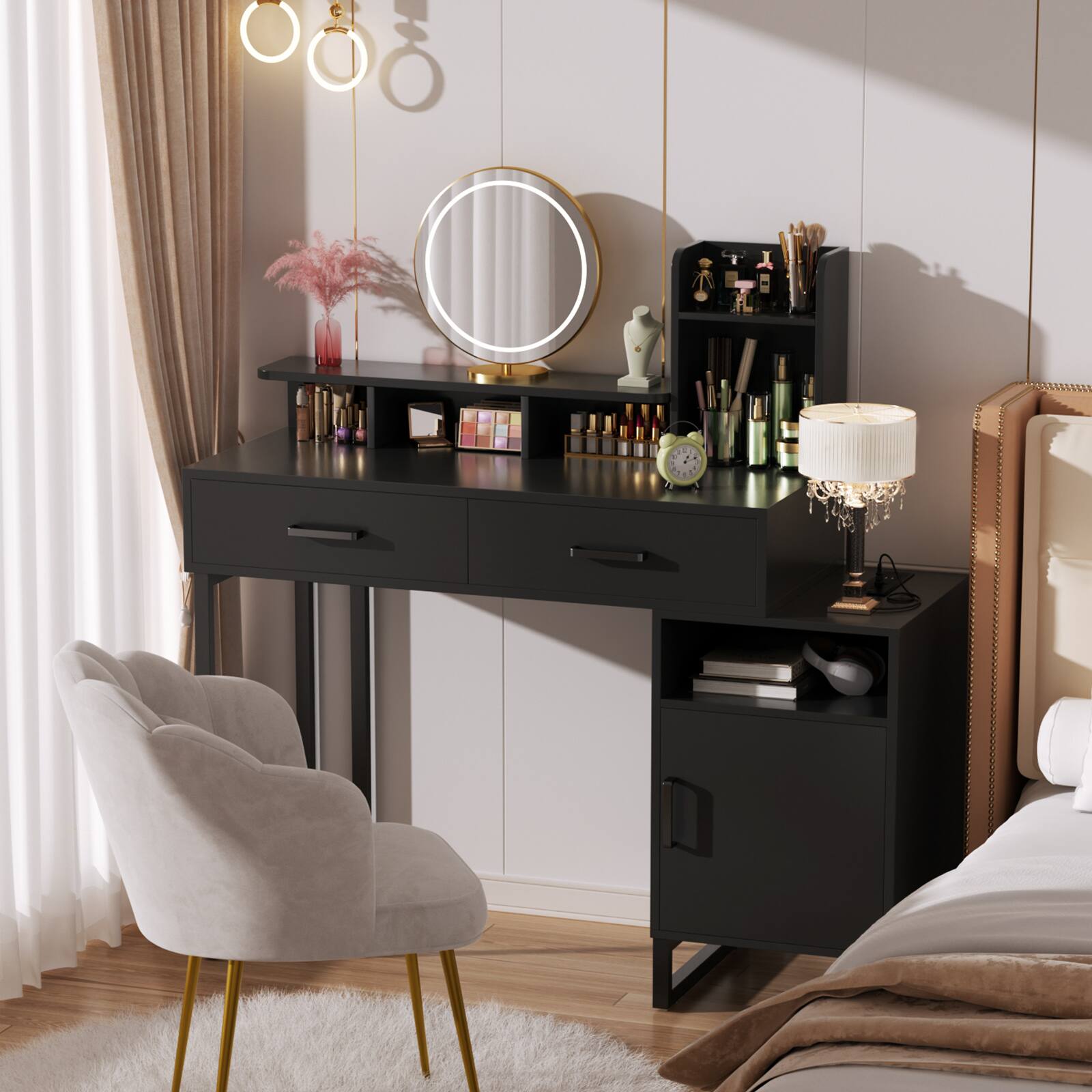 Back. Aheaplus - 36'' Wide Small Makeup Vanity Desk with Charging Station, 2 Drawers, and Cabinet for Bedroom - Black.