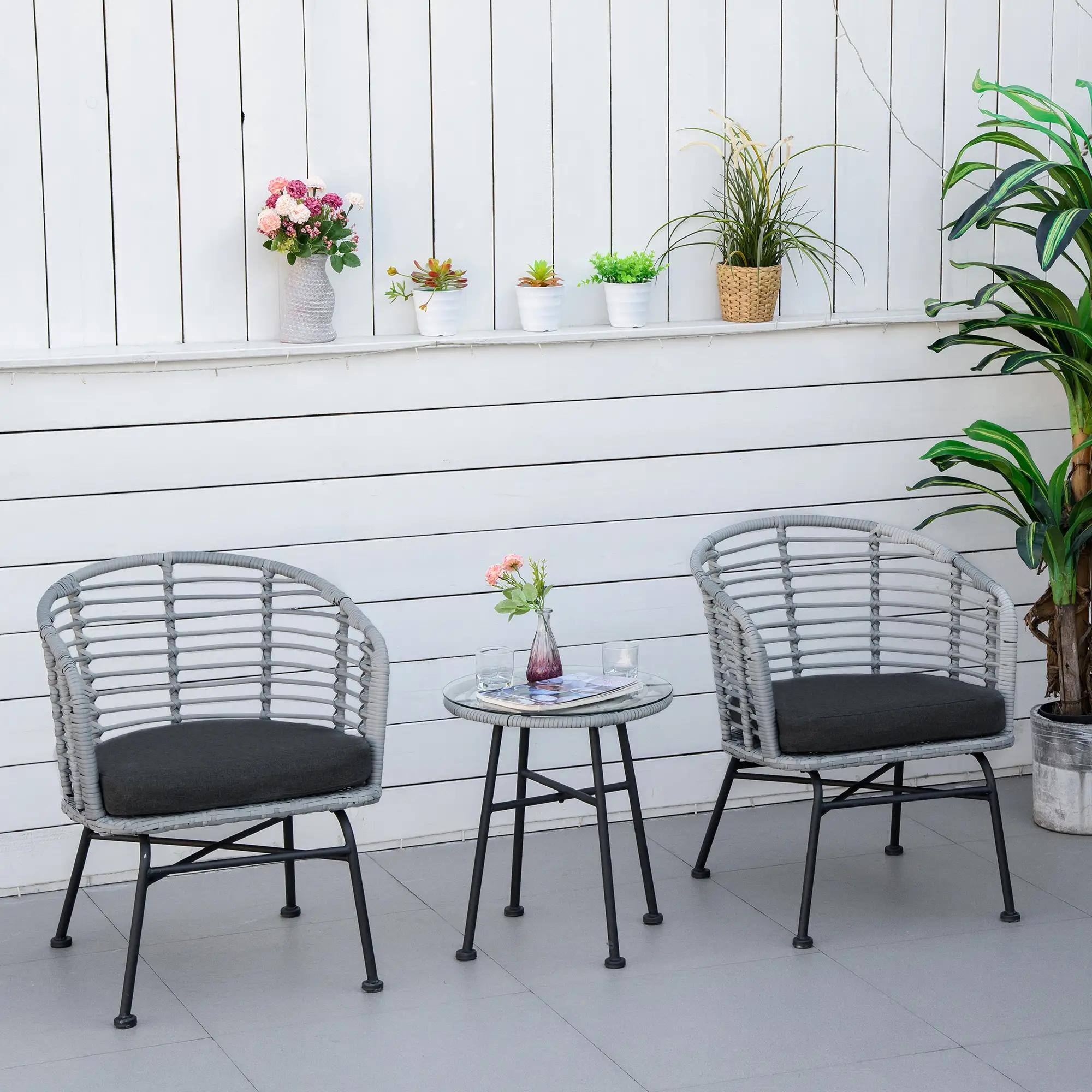 Left. Resenkos - Resenkos 3 Pieces Patio Bistro Set, Two Hand-Woven PE Wicker Chairs And A Glass Bistro Table, Gray - Gray.
