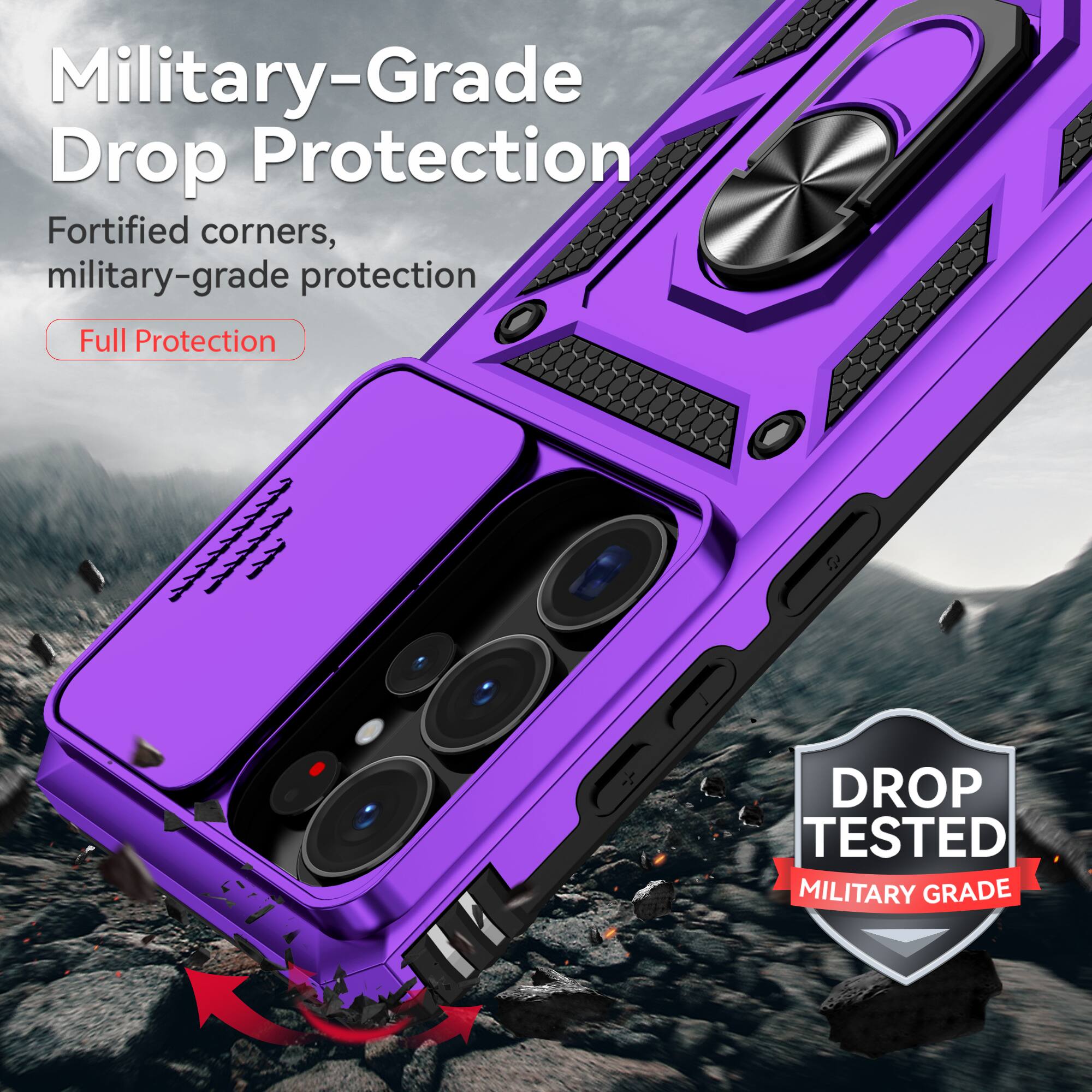 Military-Grade Drop Protection  
Fortified corners, military-grade protection  
Full Protection  

DROP TESTED  
MILITARY GRADE