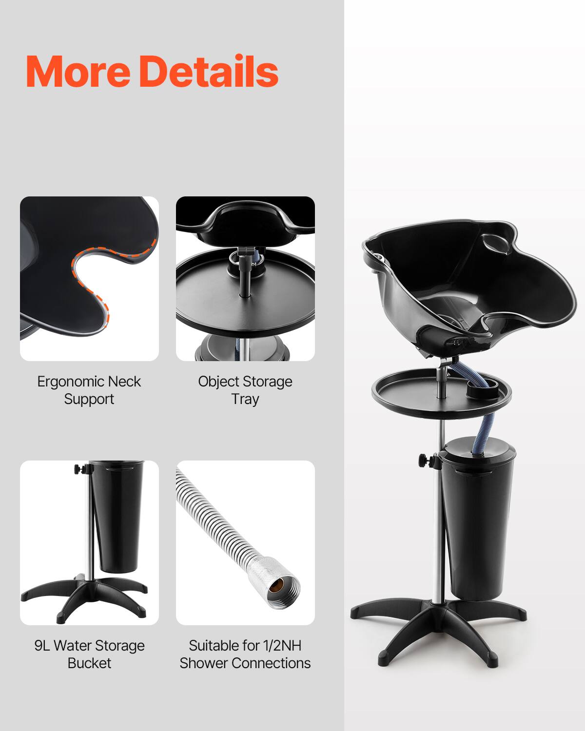 More Details

- Ergonomic Neck Support
- Object Storage Tray
- 9L Water Storage Bucket
- Suitable for 1/2" Shower Connections