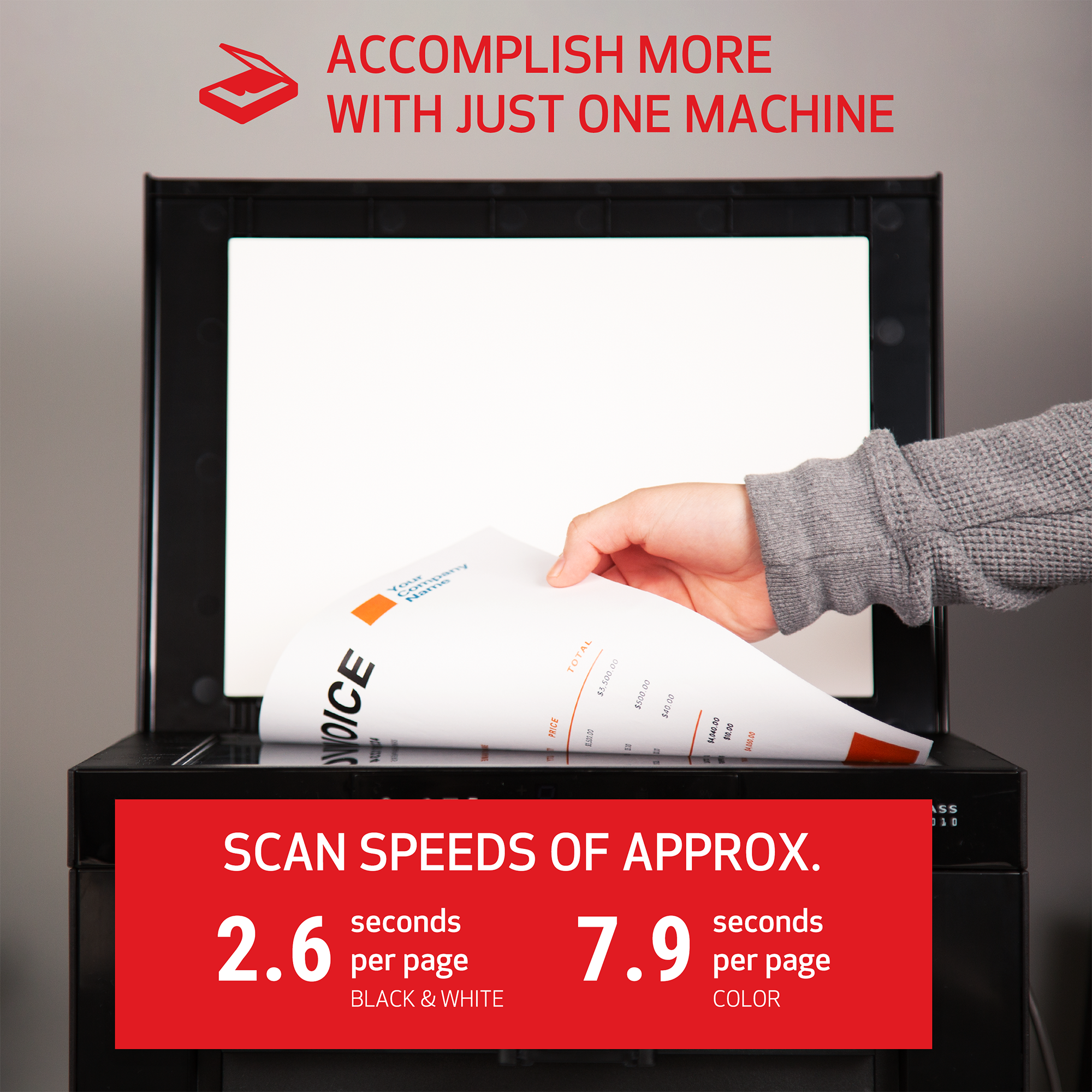 ACCOMPLISH MORE WITH JUST ONE MACHINE

Your Namean TOTAL 500 chat  00 JWOICE $500 on BRO DO PRICE CITY BROOD 00'04 .  41 3  SCAN SPEEDS OF APPROX. seconds seconds 2.6 per page 7.9 per page BLACK & WHITE COLOR