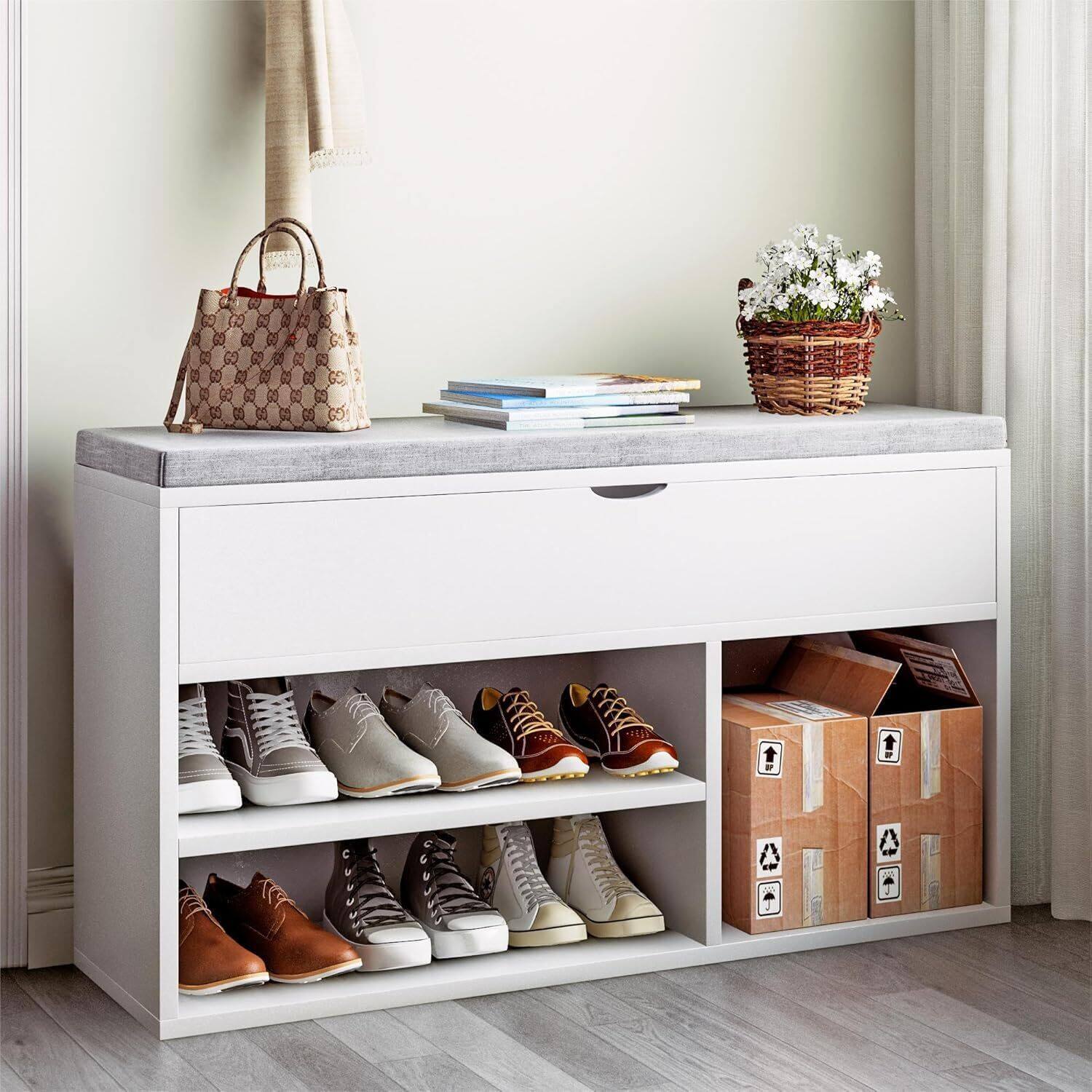 Front. Acekool - Shoe Bench with Cushion,Adjustable Shelf Entryway Bench,Hidden Storage Shoe Bench Wooden Shoe Rack - White.