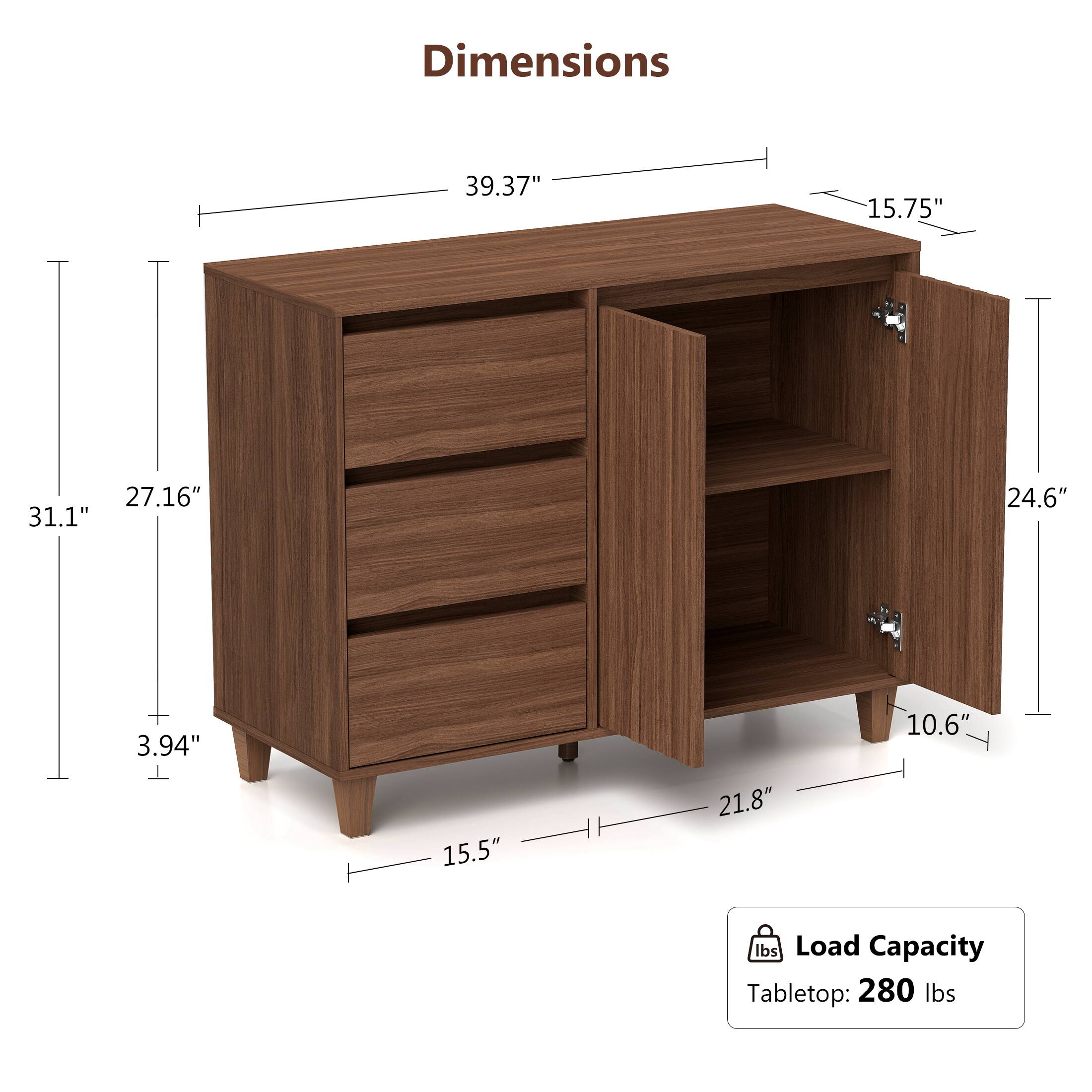 Dimensions: 39.37", 15.75", 27.16", 31.1", 24.6", 3.94", 15.5", 21.8", 10.6"

Load Capacity: Tabletop: 280 lbs