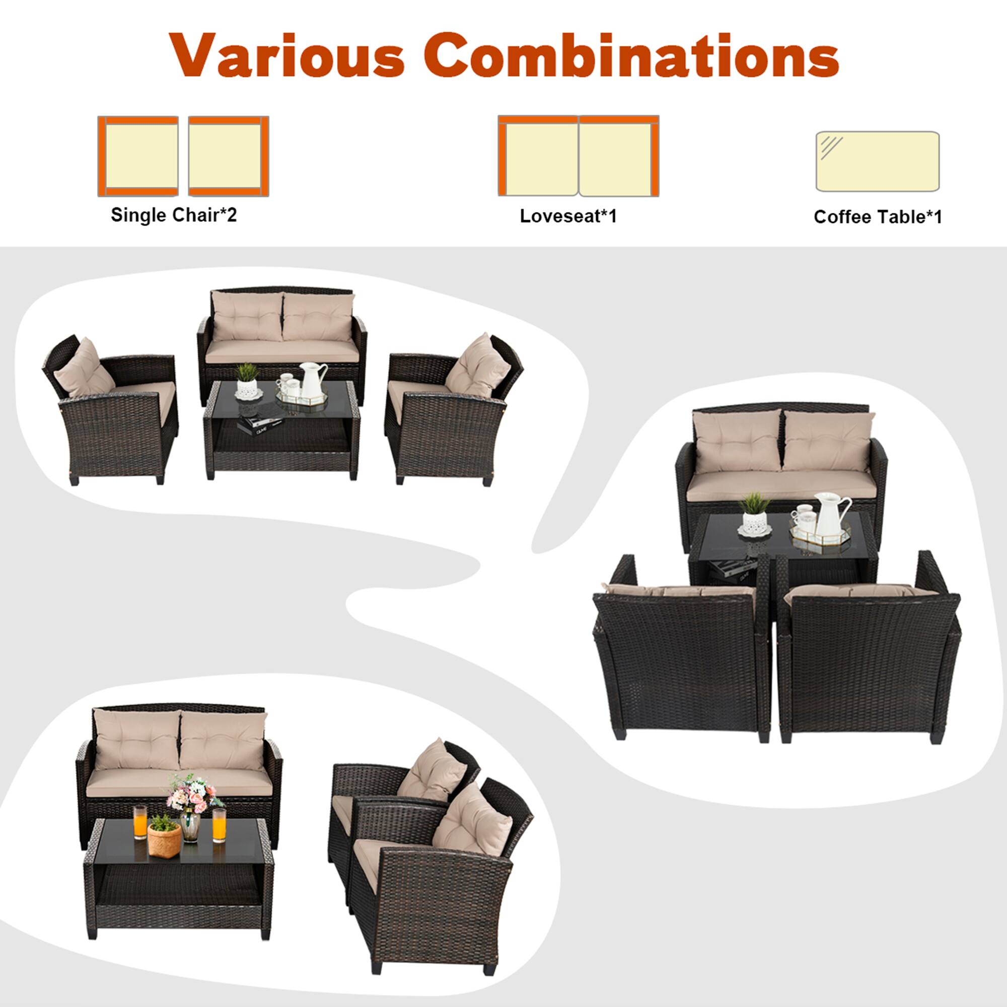 Various Combinations

Single Chair*2  
Loveseat*1  
Coffee Table*1