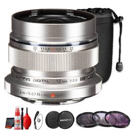 OM System - Olympus M.Zuiko Digital ED 12mm f/2 Lens Silver Micro Four Thirds Wide Angle(Bundle) - Black