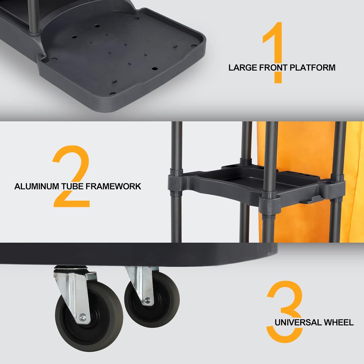 1. LARGE FRONT PLATFORM  
2. ALUMINUM TUBE FRAMEWORK  
3. UNIVERSAL WHEEL