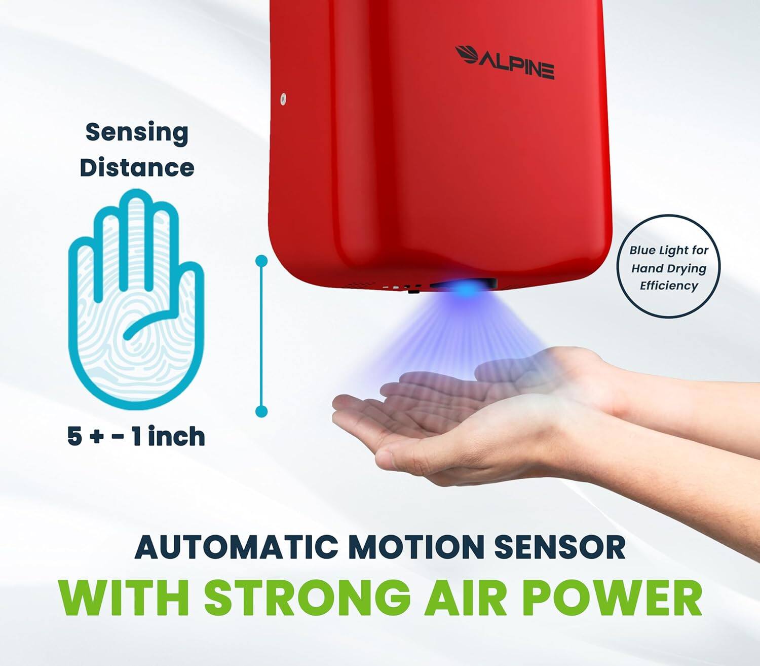 ALPINE Sensing Distance Blue Light for Hand Drying Efficiency 5+-1 inch Automatic Motion Sensor with Strong Air Power