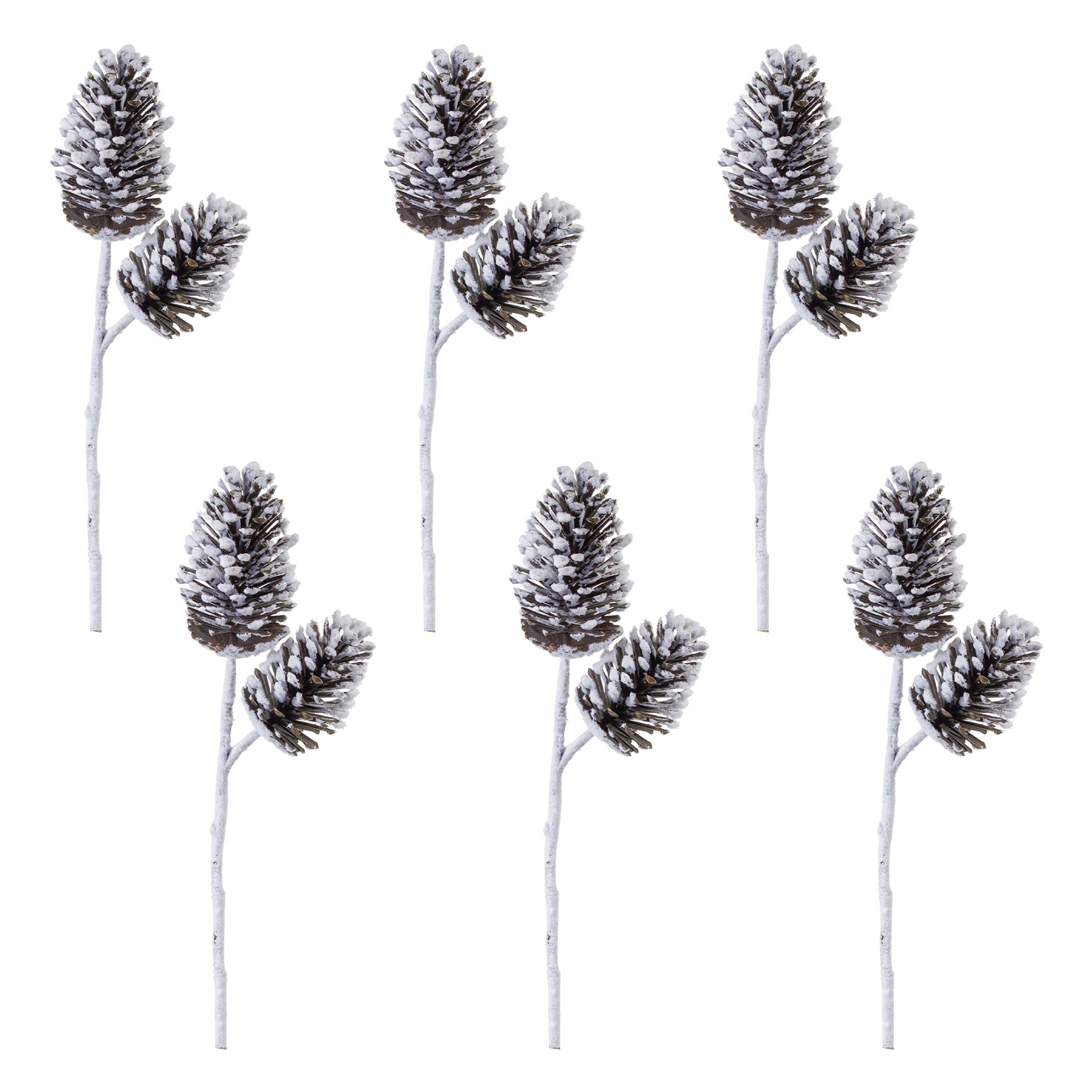Angle. BreeBe - Flocked Snowy Pine Cone Spray (Set of 6) - White.