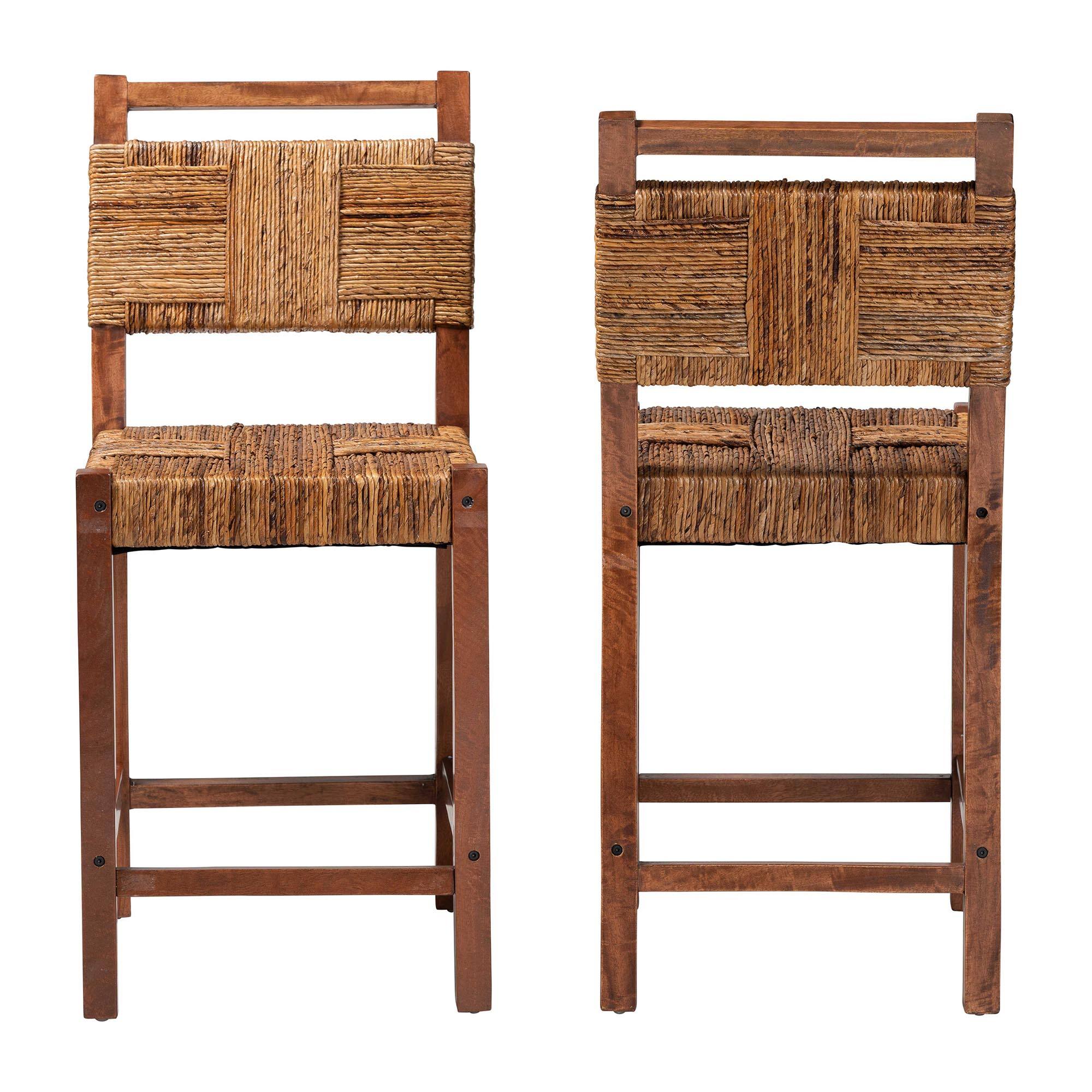 Angle. bali & pari - Chabela Seagrass Counter Stool Set of 2 - Solid Mango Wood Frame with Woven Seat and Backrest, Rustic Boho Style - Natural Brown/Light Brown.