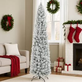 BreeBe - Flocked Slim Xmas Tree 4.5ft 6ft 7ft with 100 Incandescent Lights & Full Tips - White