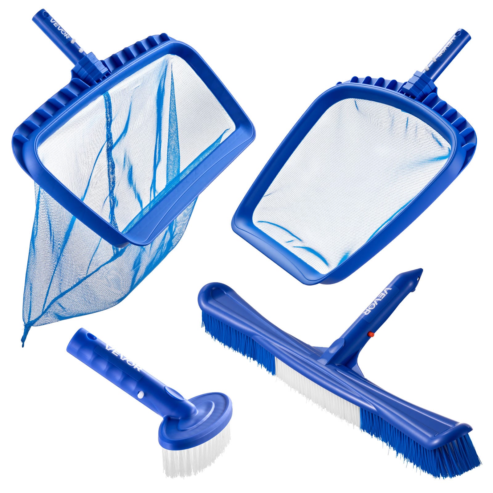 VEVOR - Swimming Pool Cleaning Kit with 2 Interchangeable Brush Heads (20-Inch / 5.5-Inch) and 2 Skimmer Nets, 4-in-1 Tools Set - Blue