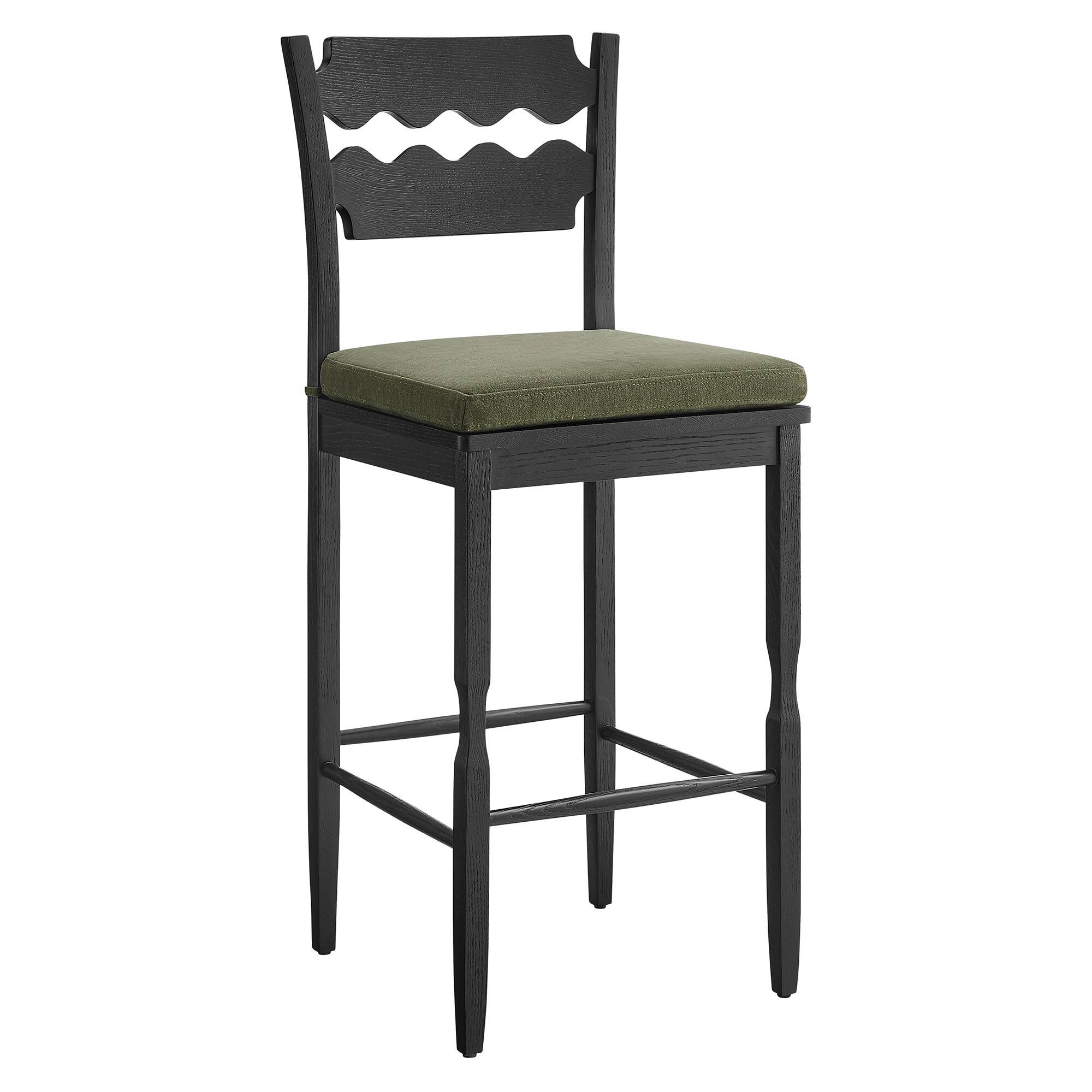 Angle. Modway - Jax Oak Wood Bar Stool With Wavy Razor Back and Cushion by Modway - Black Sage.