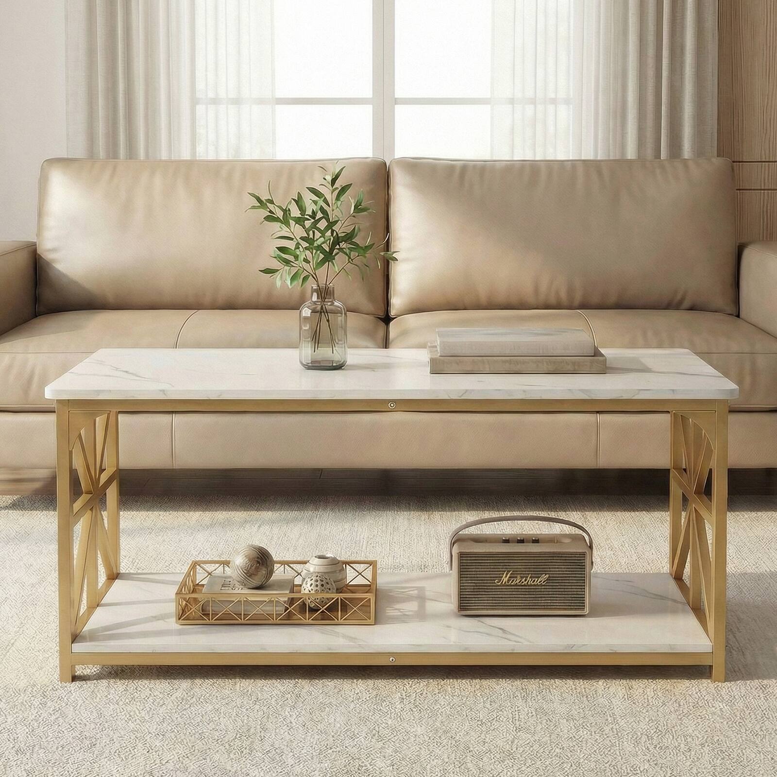 Alt View 3. Costway - Costway 2-Tier Coffee Table, Industrial Accent Table with Dual Star-shaped Metal Frames - White & Gold.