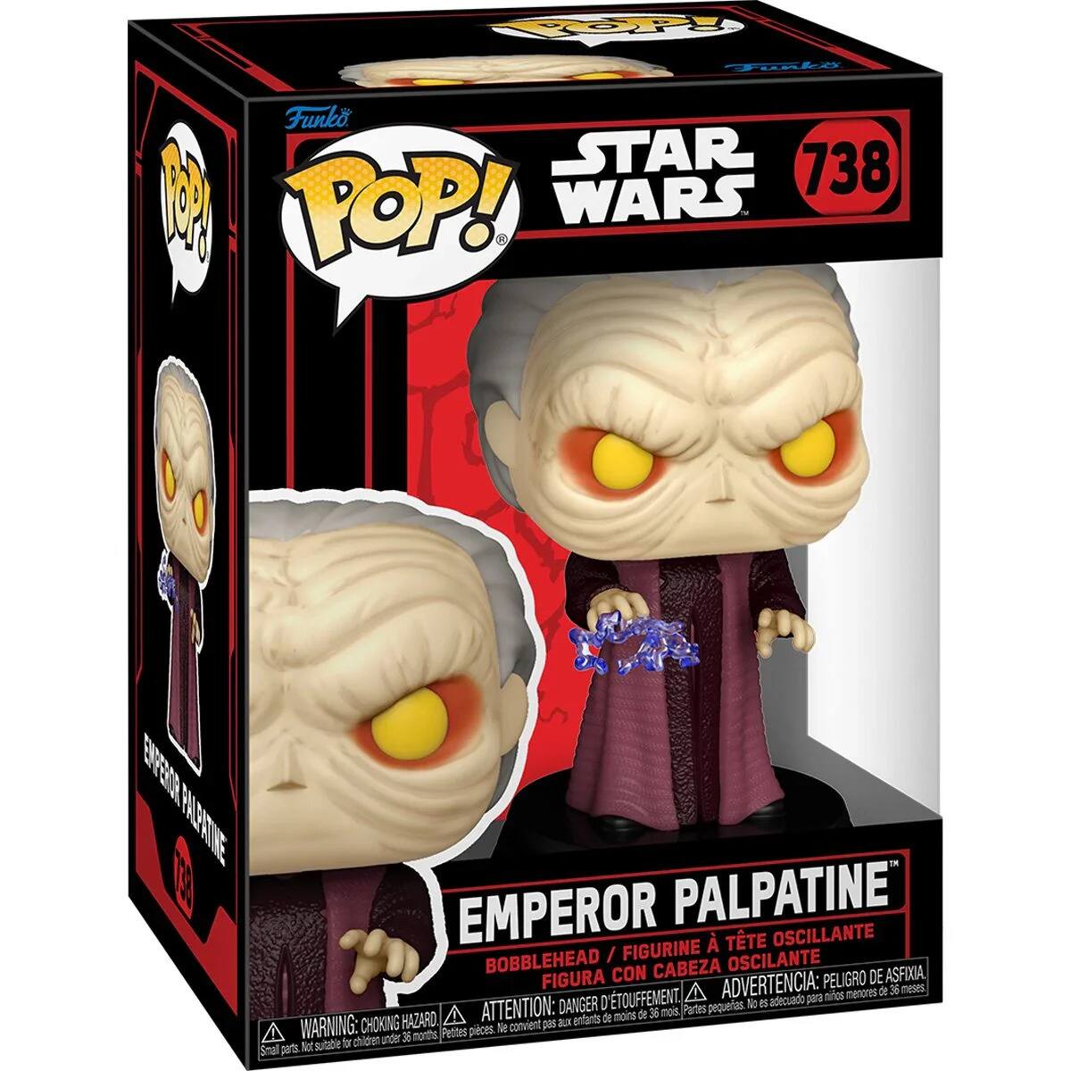 EMPEROR PALPATINE, BOBBLEHEAD / FIGURINE À TÊTE OSCILANTE, FIGURA CON CABEZA OSCILANTE, PELIGRO DE ASFIXIA, ADVERTENCIA: para mirtos menores de 36 meses, ATTENTION: DANGER, pequeras t as adecuado de 36 mois, WARNING: CHOKING HAZARD, Not suitable for children under 36 months, Parts pequenas. Ne chiden under 36 months