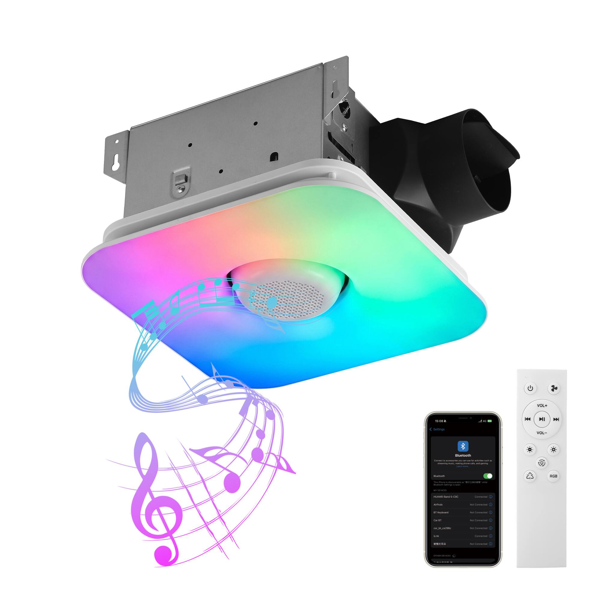 Parrot Uncle - 12 Inch Smart Quiet 110 CFM Bathroom Exhaust Fan with Bluetooth Speaker RGB LED App Remote - White
