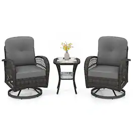 Costway - 3PCS Patio Swivel Rocker Set Gliding Bistro Furniture Set with Tempered Glass Table - Gray