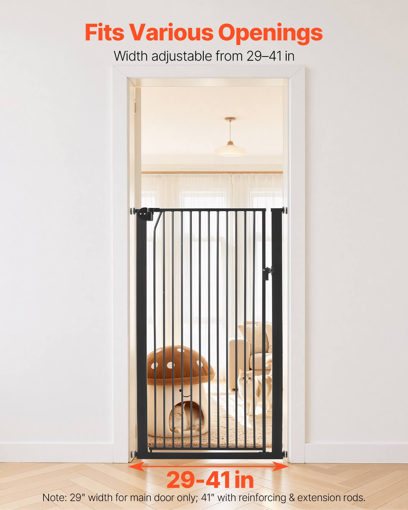 Fits Various Openings  
Width adjustable from 29-41 in  

Note: 29" width for main door only; 41" with reinforcing & extension rods.