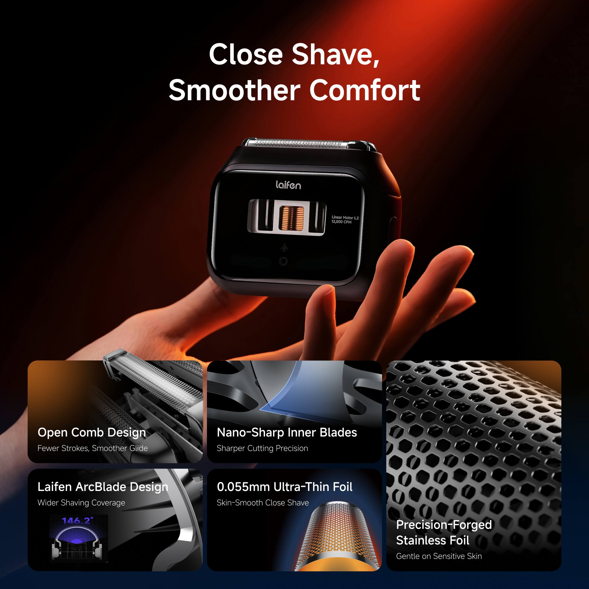 Close Shave, Smoother Comfort

laifen

Linear Motor u 12,000 CPM

Open Comb Design Fewer Strokes, Smoother Glide

Nano-Sharp Inner Blades Sharper Cutting Precision

Laifen ArcBlade Design Wider Shaving Coverage

0.055mm Ultra-Thin Foil Skin-Smooth Close Shave

146.2

Precision-Forged Stainless Foil Gentle on Sensitive Skin