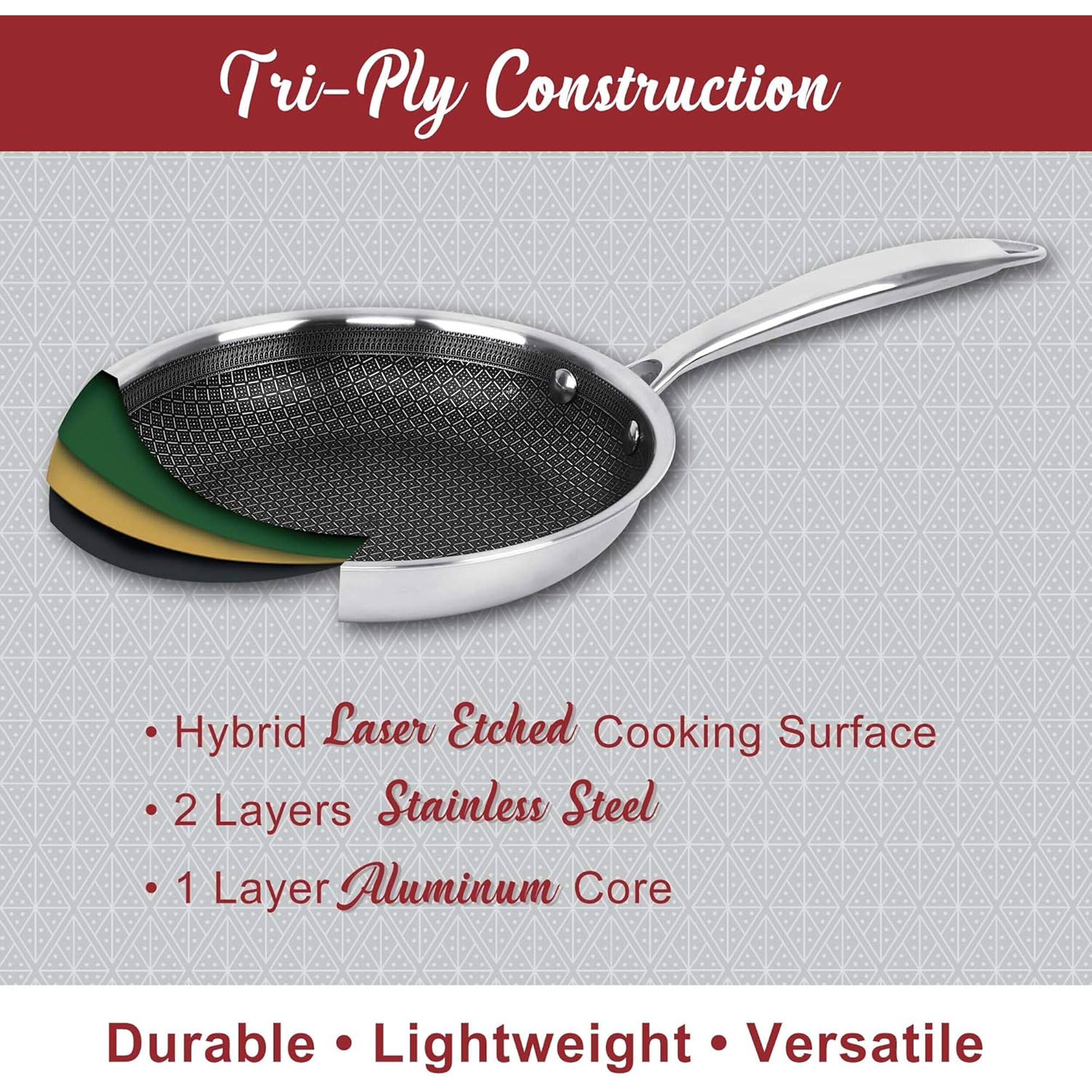 Tri-Ply Construction

- Hybrid Laser Etched Cooking Surface
- 2 Layers Stainless Steel
- 1 Layer Aluminum Core

Durable • Lightweight • Versatile