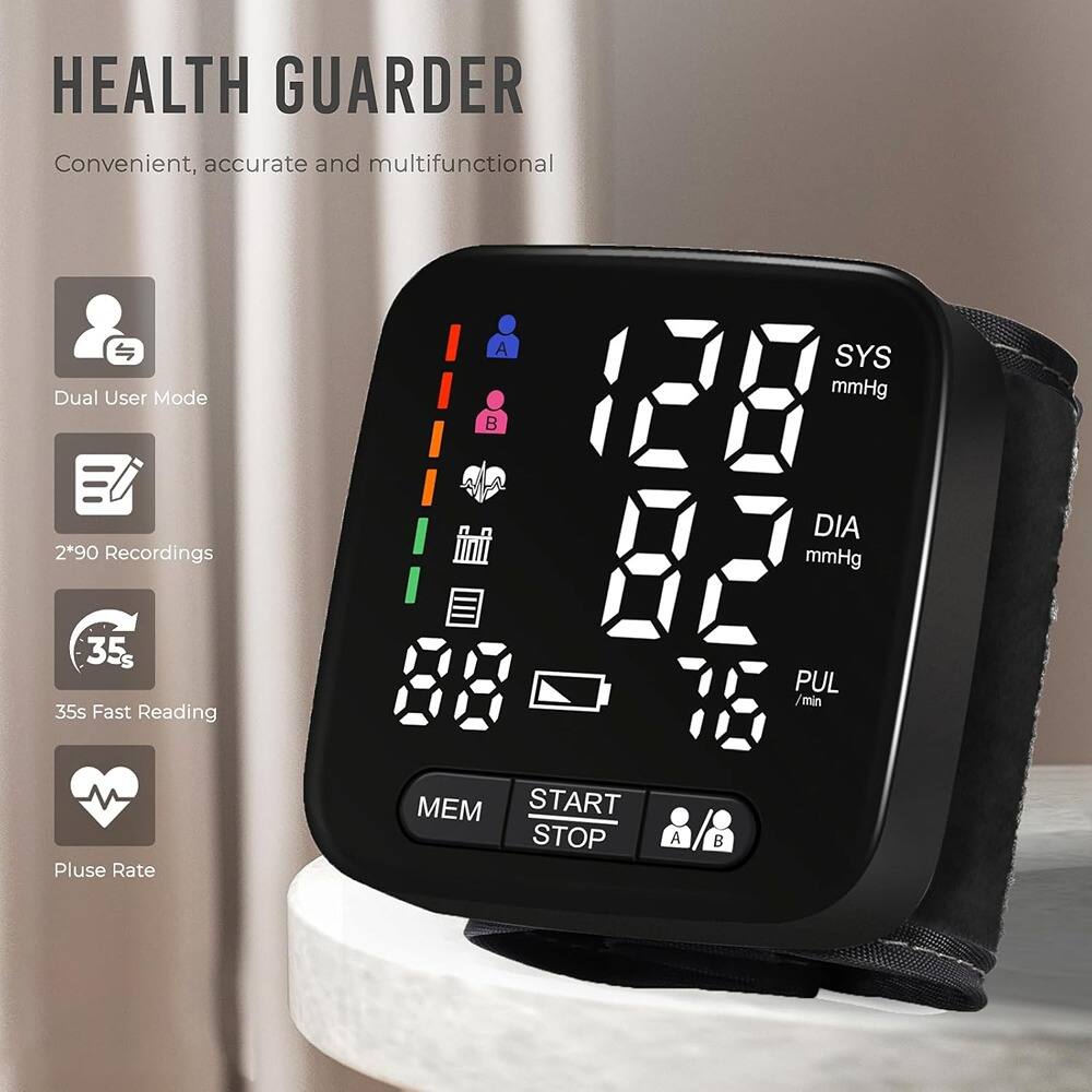 HEALTH GUARDER  
Convenient, accurate and multifunctional  

- Dual User Mode  
- 2*90 Recordings  
- 35s Fast Reading  
- Pulse Rate  

SYS mmHg  
DIA mmHg  
PUL /min  

START STOP  
MEM  

A B
