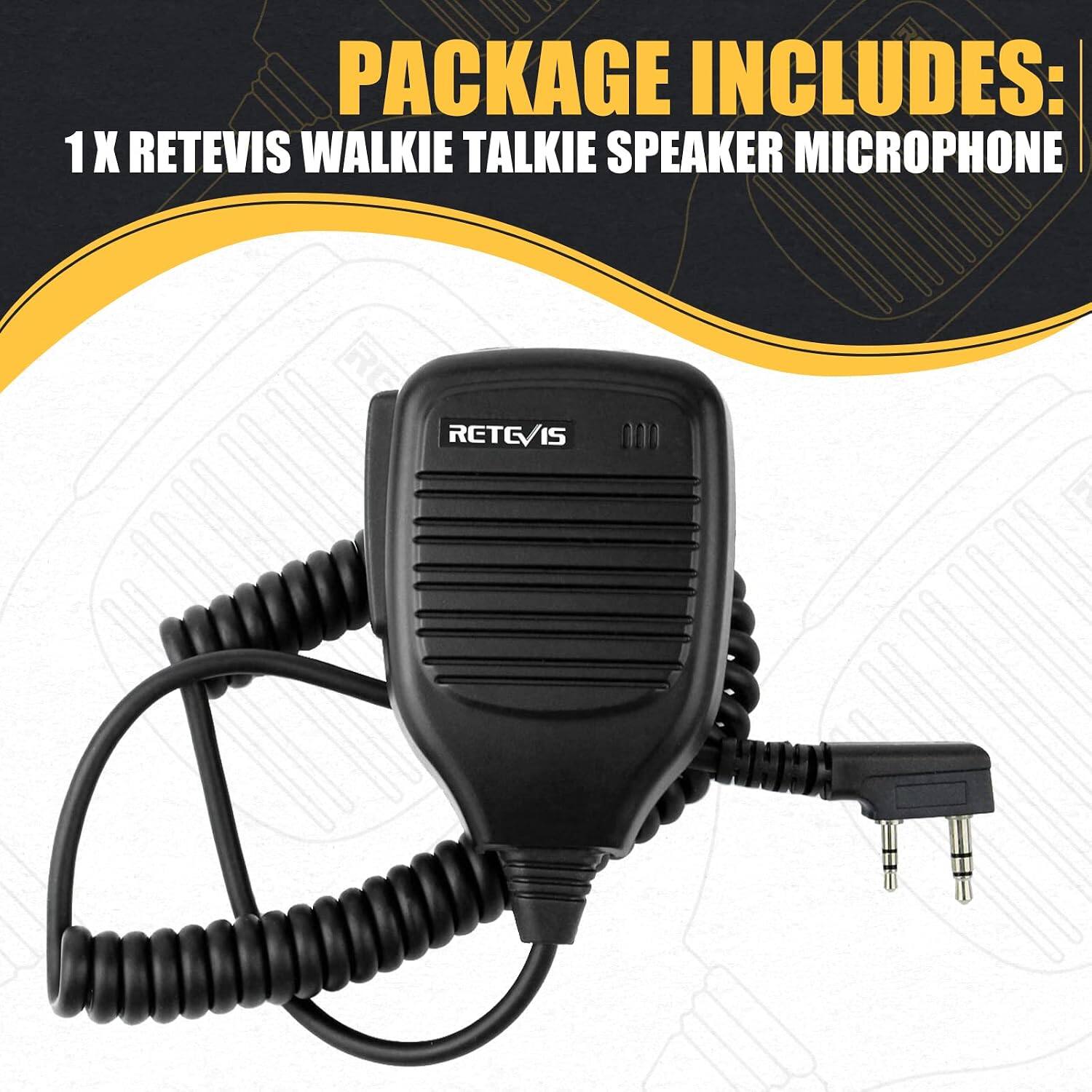 PACKAGE INCLUDES:  
1 X RETEVIS WALKIE TALKIE SPEAKER MICROPHONE