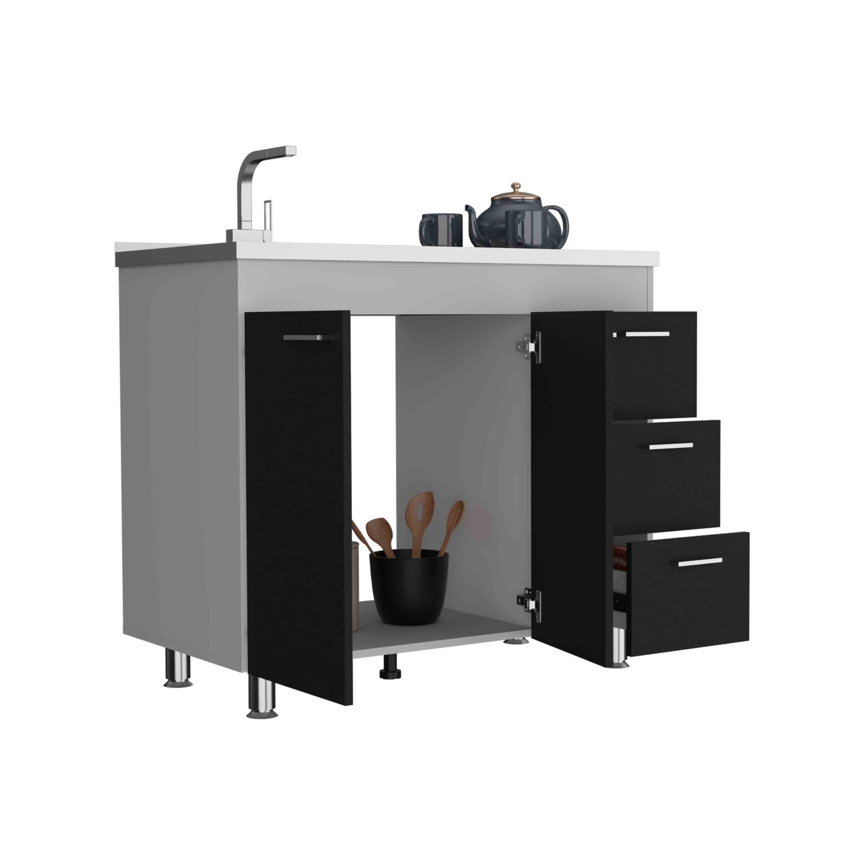 Alt View 2. TuHome - Ferretti Utility Sink With Three Drawers And Double Door Cabinet - White / Black.