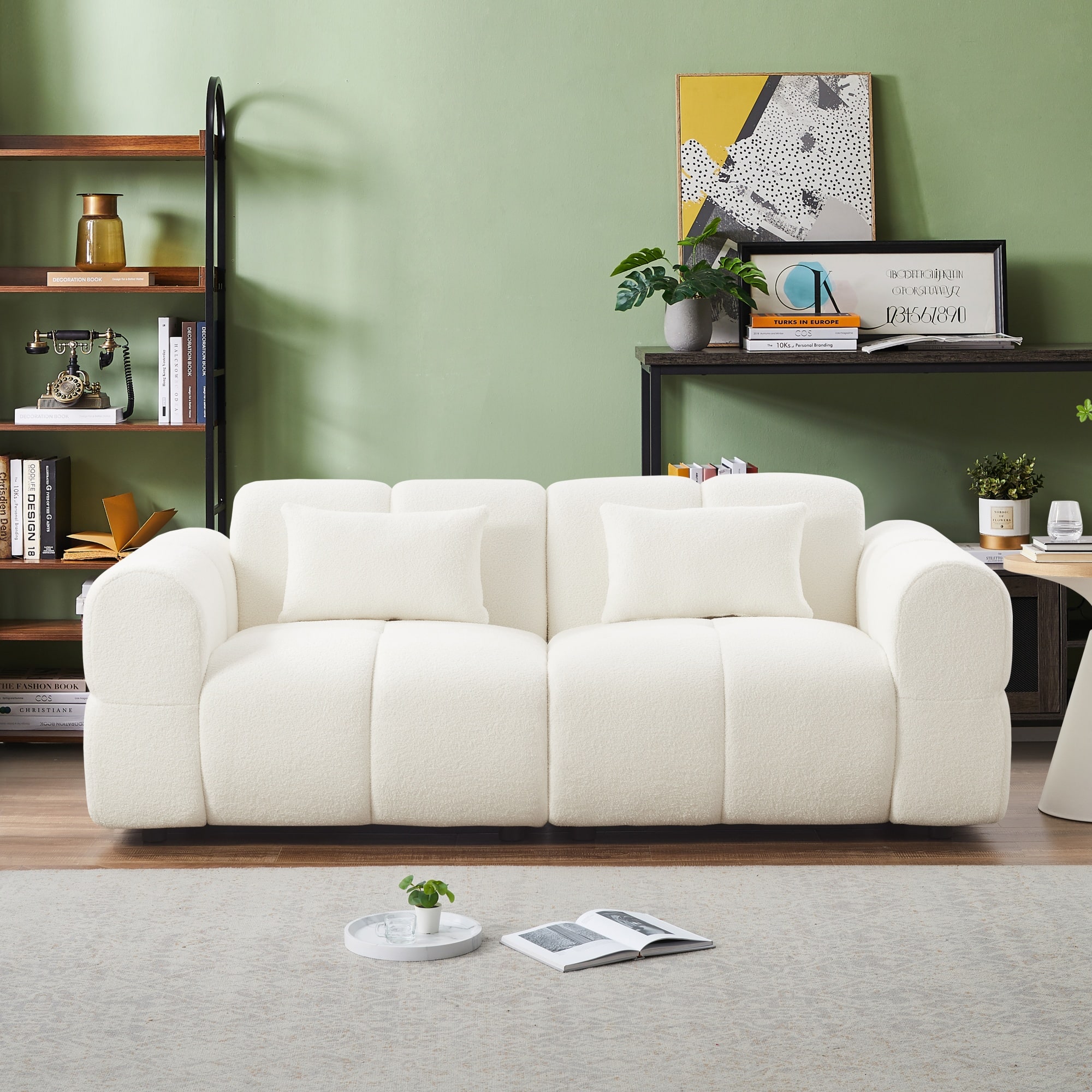 Electra Tech Xpress - 80" Modern Sofa Couch, Comfy Deep Seat Teddy Cloud Sofa, Oversized Loveseat 3-Seater Boucle Couch - White