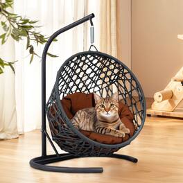 TinyHomie - Indoor Cat Swing Bed Rattan Wicker Egg Chair with Stand Cushion - Brown